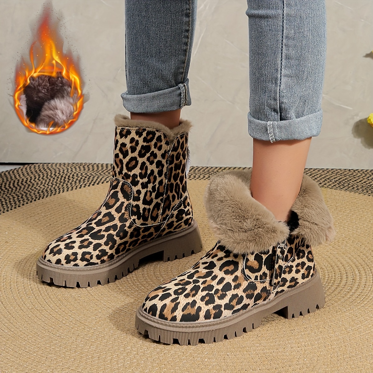 Bottines D'Hiver Femme 2026 - Motif Léopard, Lacets, Talon Épais - Bottes Courtes Confortables - 4