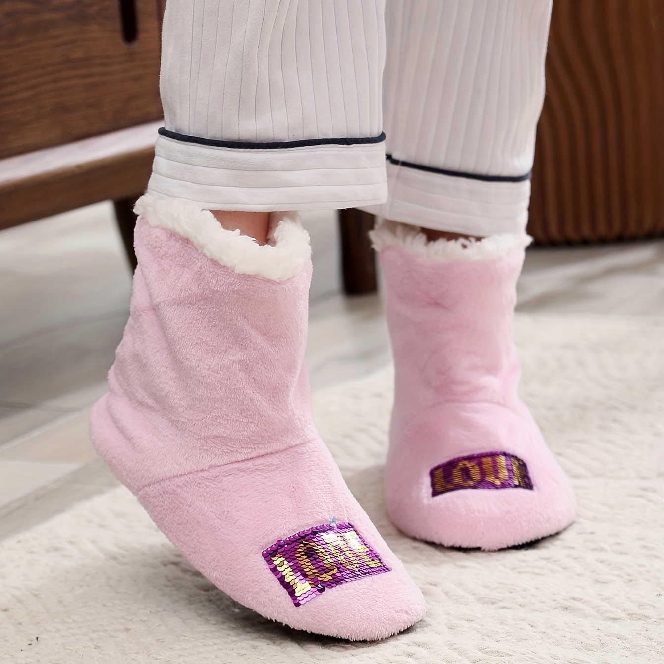 pink fluffy slipper boots