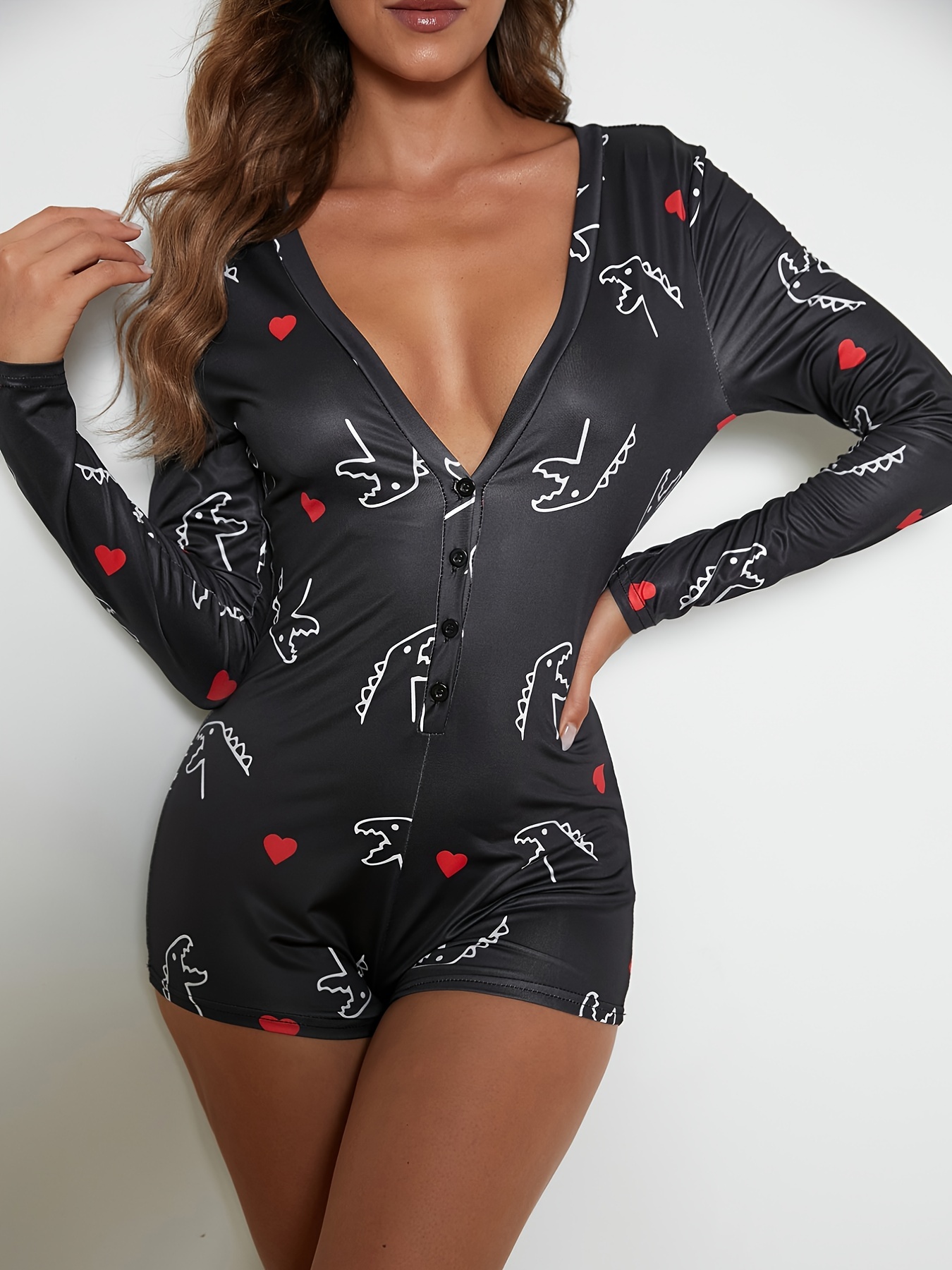 Dinosaur Print Long Sleeve Bodysuit, Sexy One-Piece Pajama Romper, Women's  Sleepwear & Loungewear