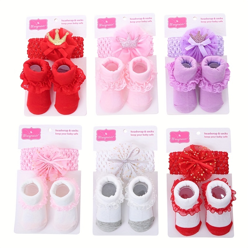 

Baby Infant Girls Cotton Cute Princess Flip Bow Knot Lace Short Crew Sock & Bow Headband Set, Solid Color Toddlers Baby Socks & Head Accessories Set