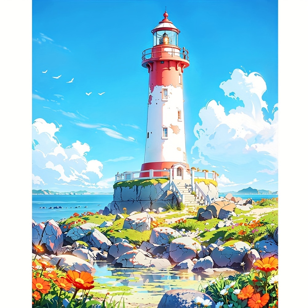 Circular Sunflower Lighthouse Scenery Diamond Painting Kits - Temu