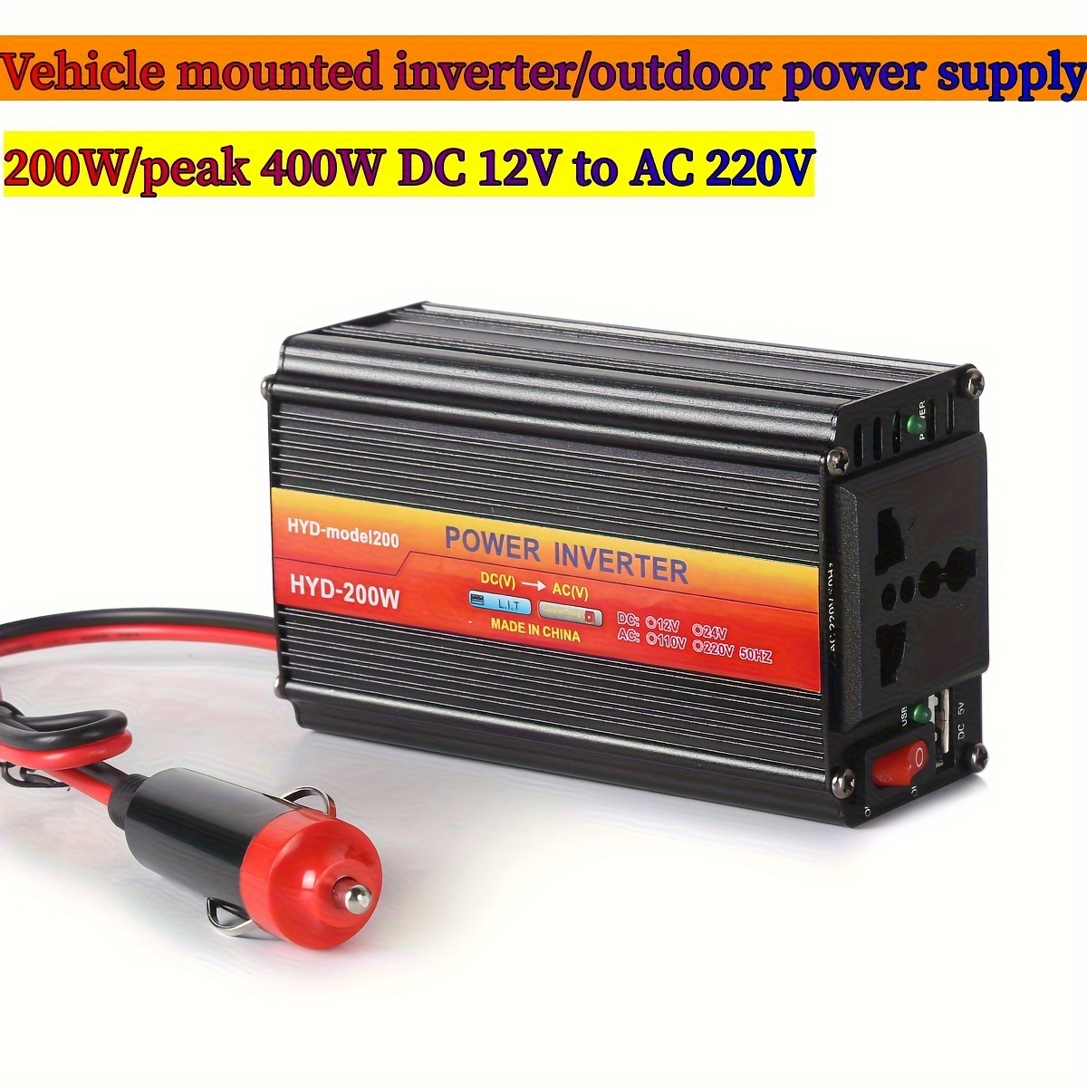 200W Car Power Inverter, DC 12V/24V to 220V AC