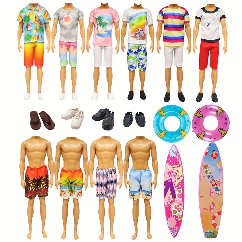 10pcs/set Doll Clothes And Accessories For 12 Inch Boy Dolls, Include 4  Outfits 2 Beach Shorts 2 Shoes 1 Swim Ring 1 Surfboard, Male Dolls Sea  Beach S