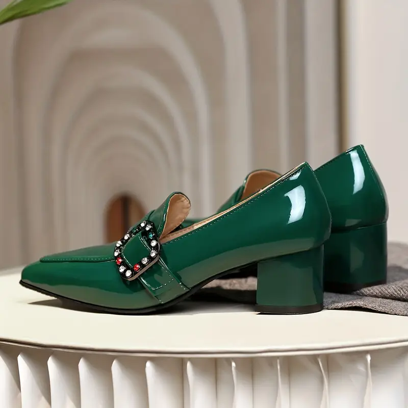 womens rhinestone decor chunky heels comfortable pointed toe slip on shoes womens fashion heels details 8