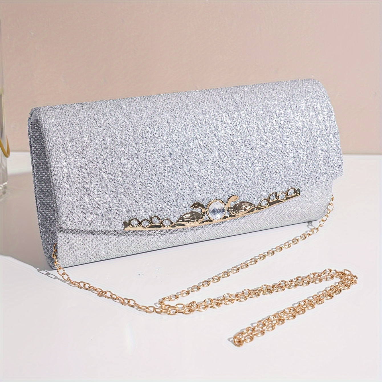 

Elegant Glitter Evening Clutch For Women With Rhinestone Decor, Detachable Chain Strap, Ideal For Party, Banquet, Gift, Wedding