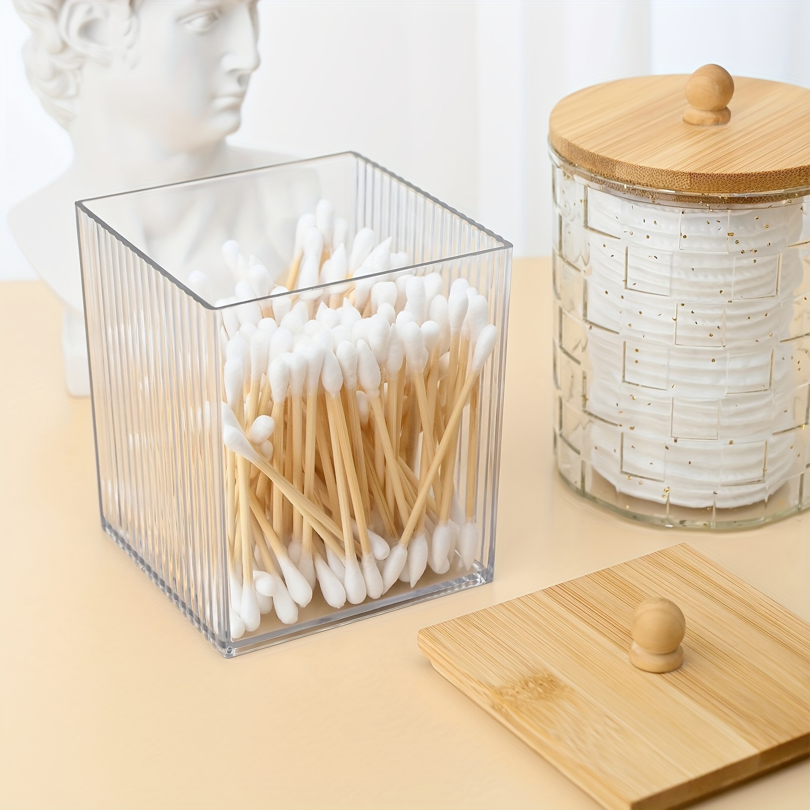 Cotton Swabs Holder Dispenser With Bamboo Lids Clear Acrylic - Temu