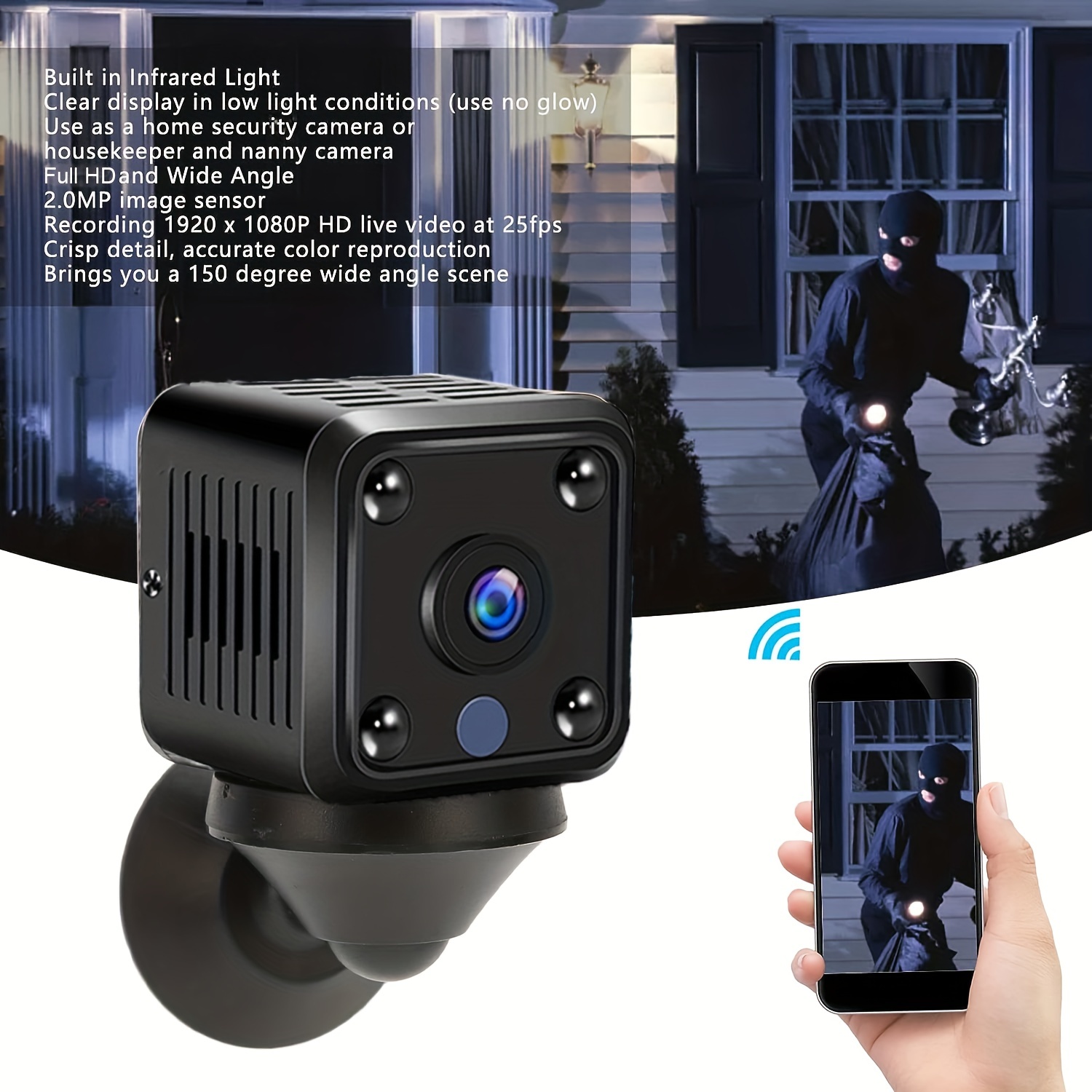 Small Surveillance Camera, 150 Degree Viewing Angle Built In WiFi