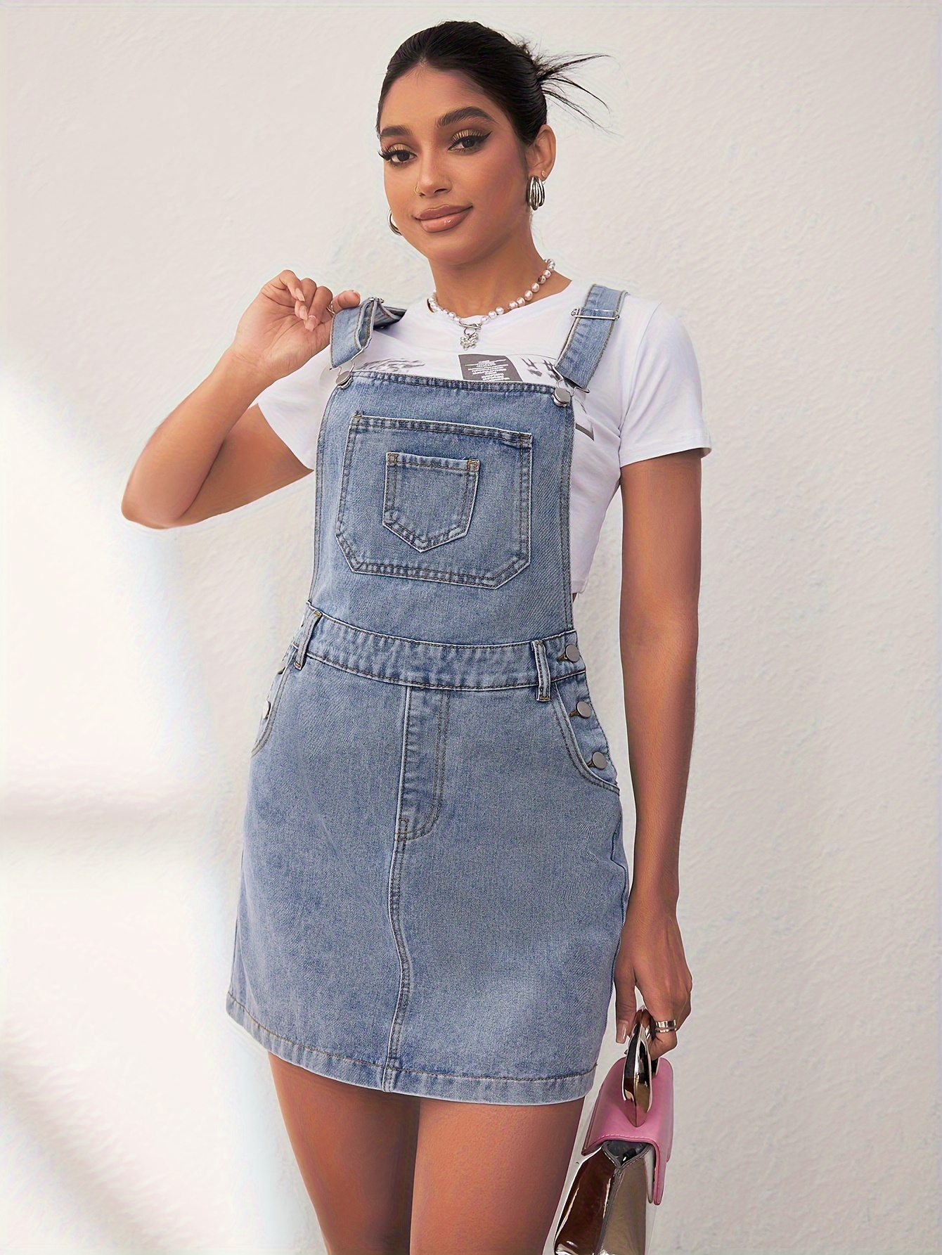Patched Pockets Washed Denim Overall Dress Non stretch - Temu