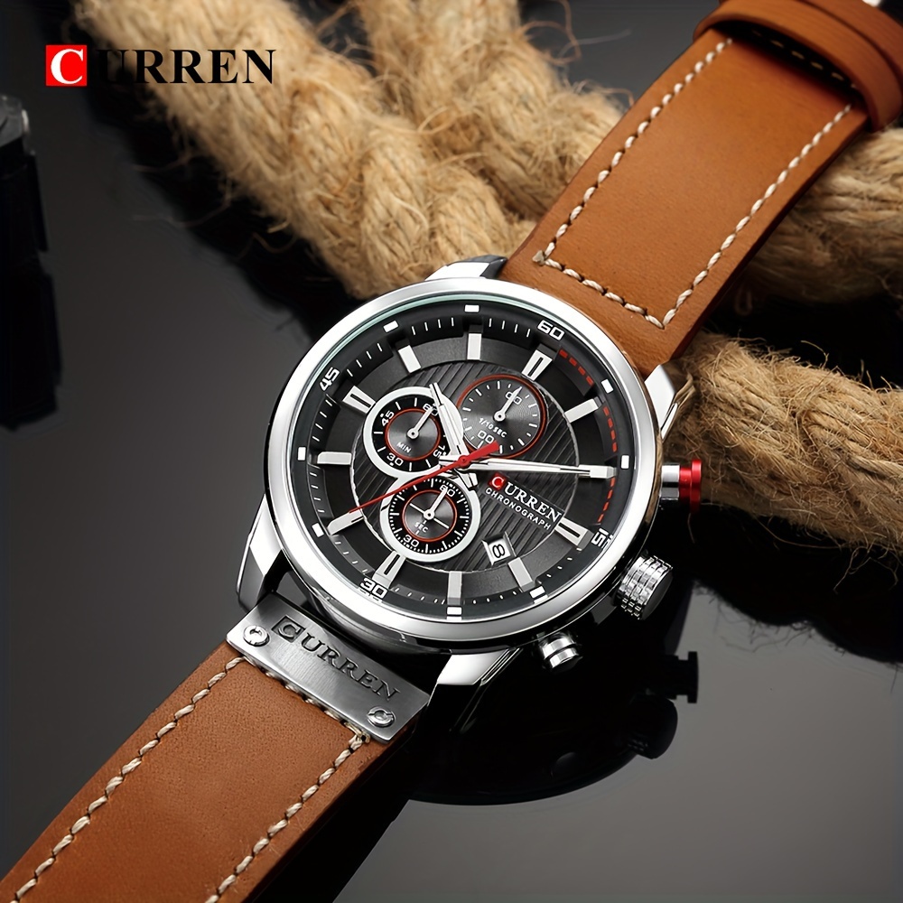 mens sports watch with multiple functions pu leather strap and automatic date display details 4