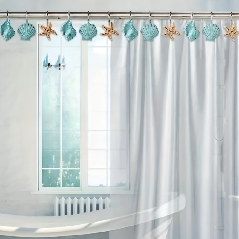 Shell Decoration Hooks Blue Green Sea Shells Shower Curtain - Temu Canada