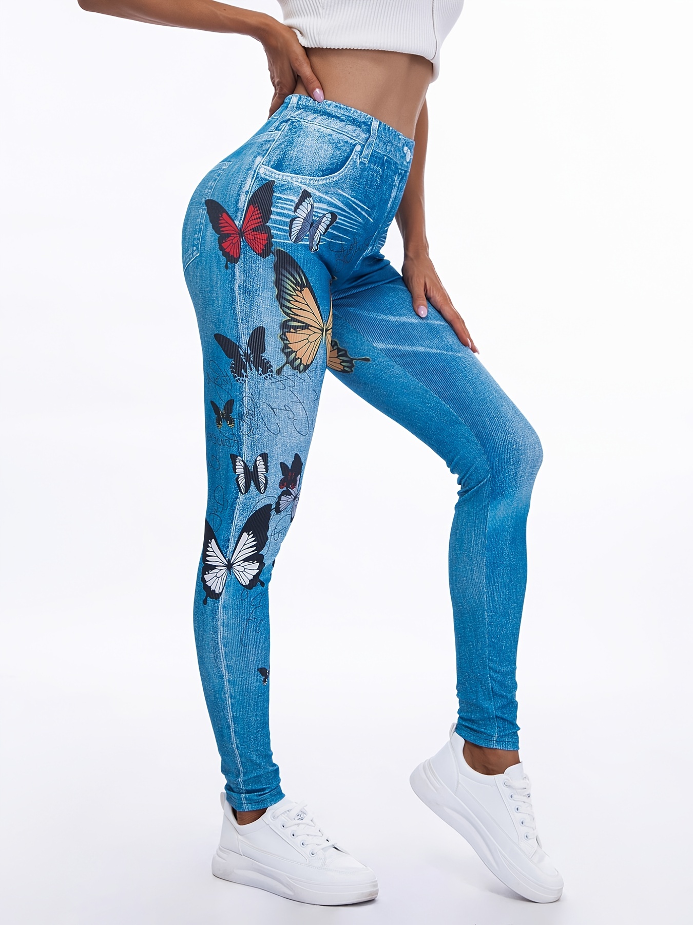 Blue Watercolor Leggings for Women, High Waisted Workout Pants