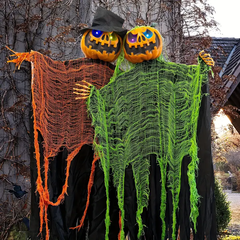 2pcs hanging ghost pumpkin with bendable arms halloween skeleton pumpkin decorations with color changing lighted eyes for halloween party lawn outdoor indoor decor details 6
