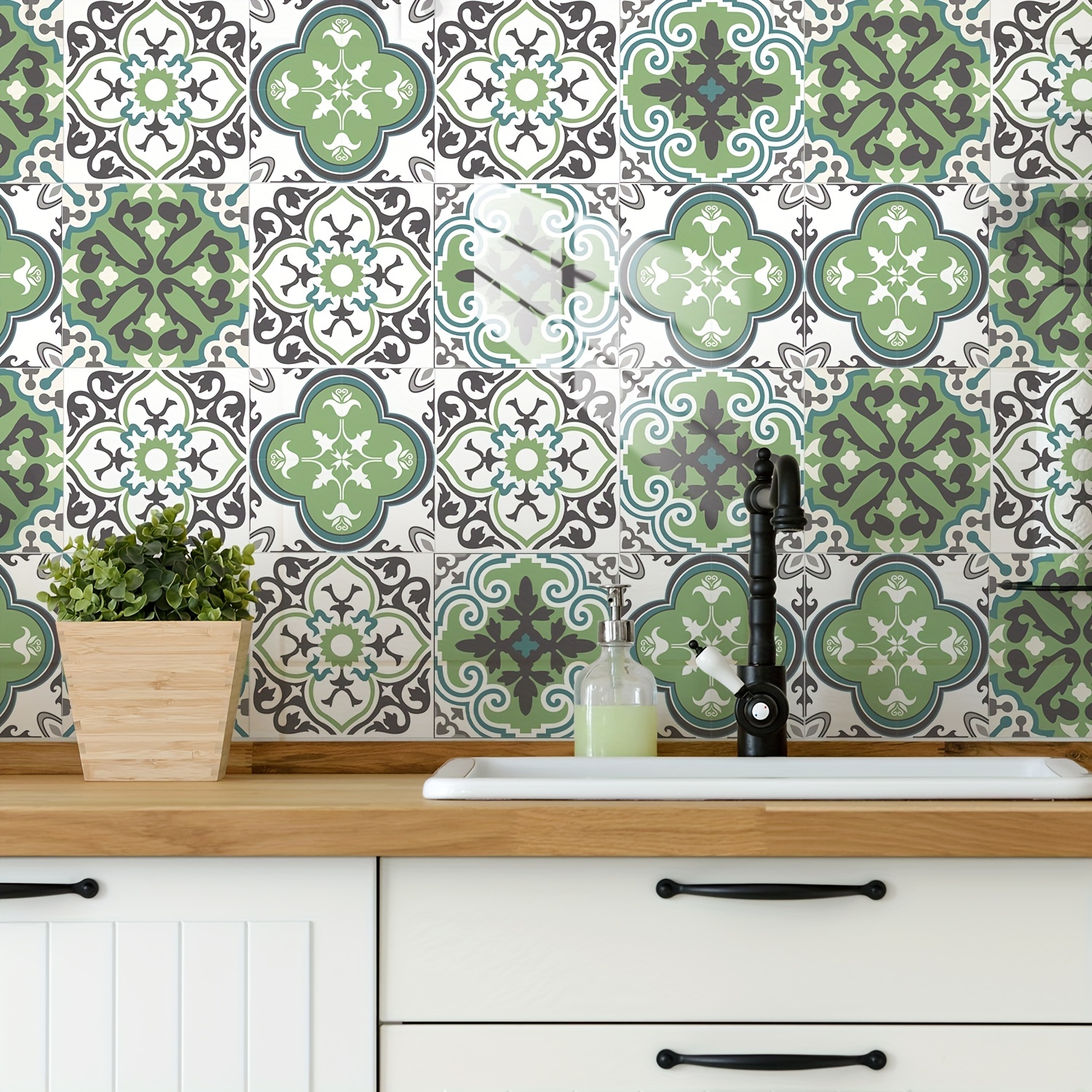 Wall Tile Sticker Green Moroccan Floral Print Diy Art Home - Temu Australia