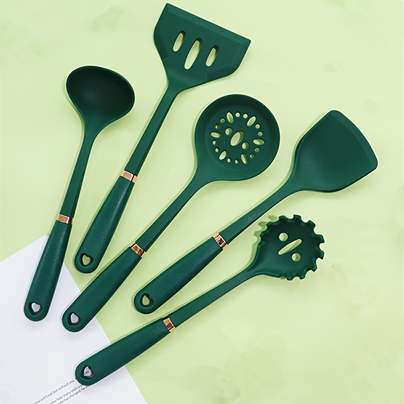 New Avocado Green Silicone Utensils Cooking Kitchenware Tool Set With  Wooden Handle Non-Stick Spatula Ladle Egg Beaters Shovel - AliExpress