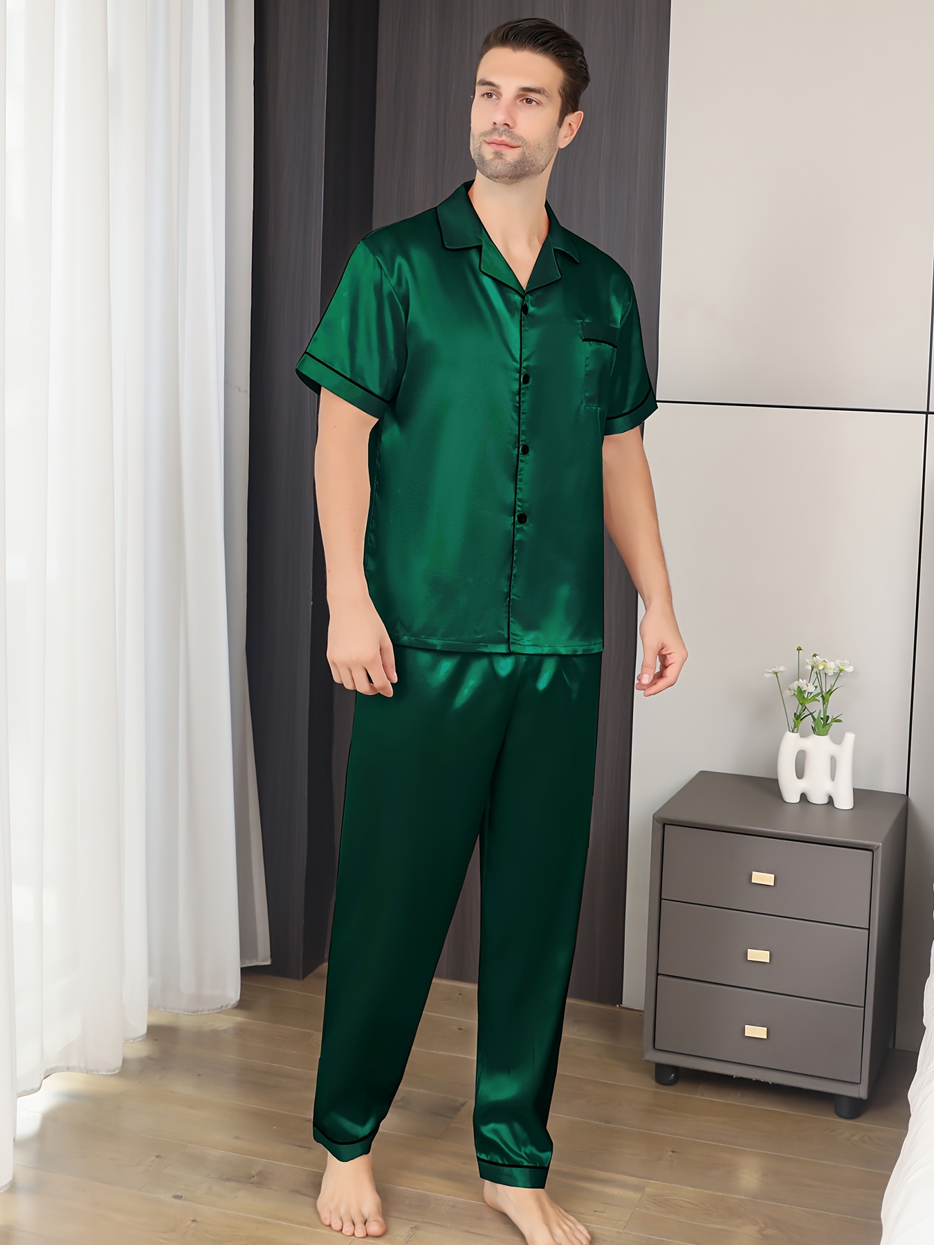 Men's Green Pajamas Set Summer Ice Silk Short Sleeve Button - Temu Canada
