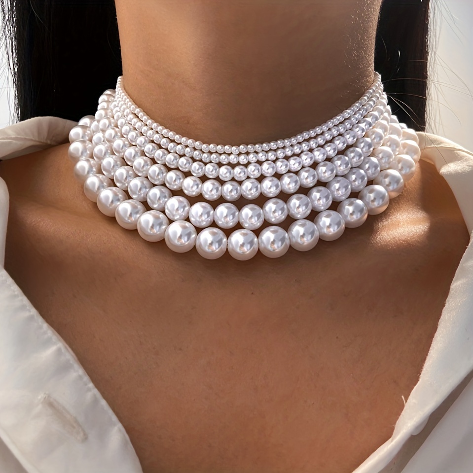 Multi-layer Elegant White Faux Pearl Collar Necklace Faux Pearl Decor Wedding Necklace Charm Clavicle Chain Jewelry, Christmas Styling & Gift