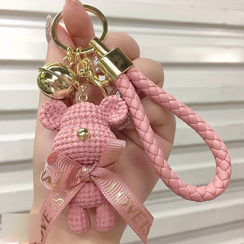 Pink Crystal Bear Key Chains Cute Keyrings Tassel Pink Rope Braided Leather  Keychains Purse Charm Glitter Sparkle Teddy Bear Car Keys Ring 