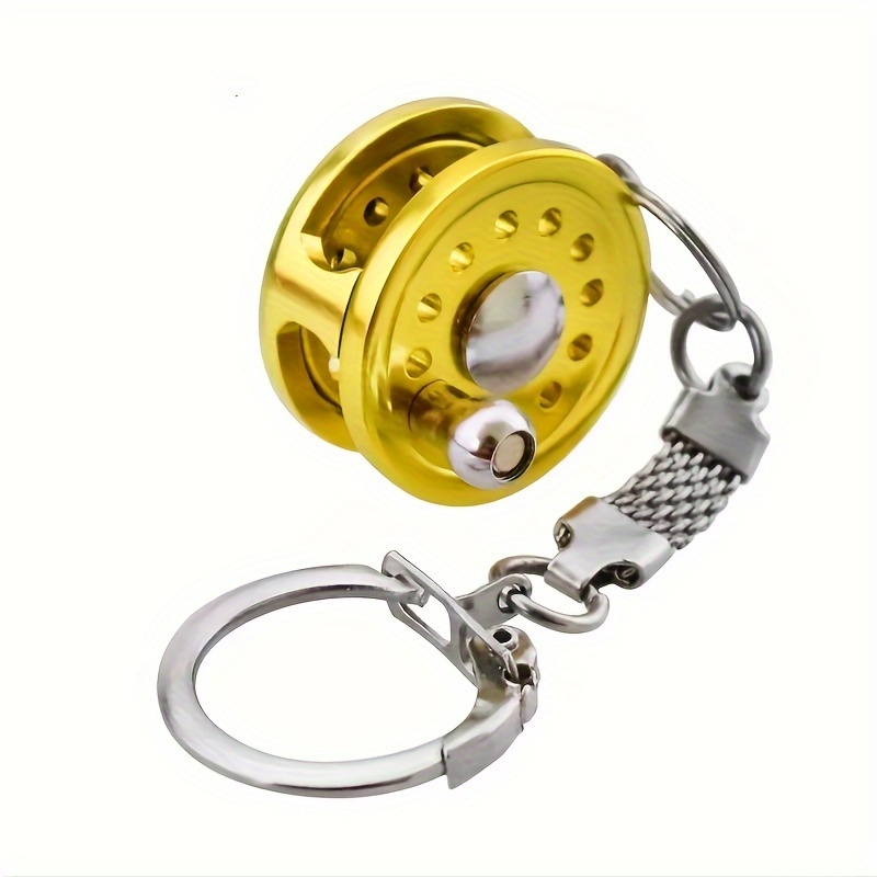 1pc Cool Creative Golden Fishing Reel Metal Keychain For Bags Car