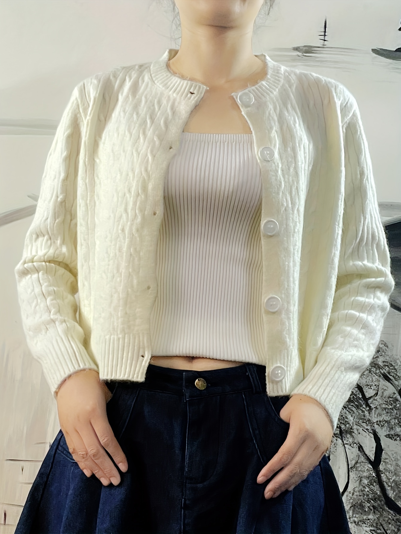Solid Button Cable Knit Cardigan Casual Crew Neck Long - Temu