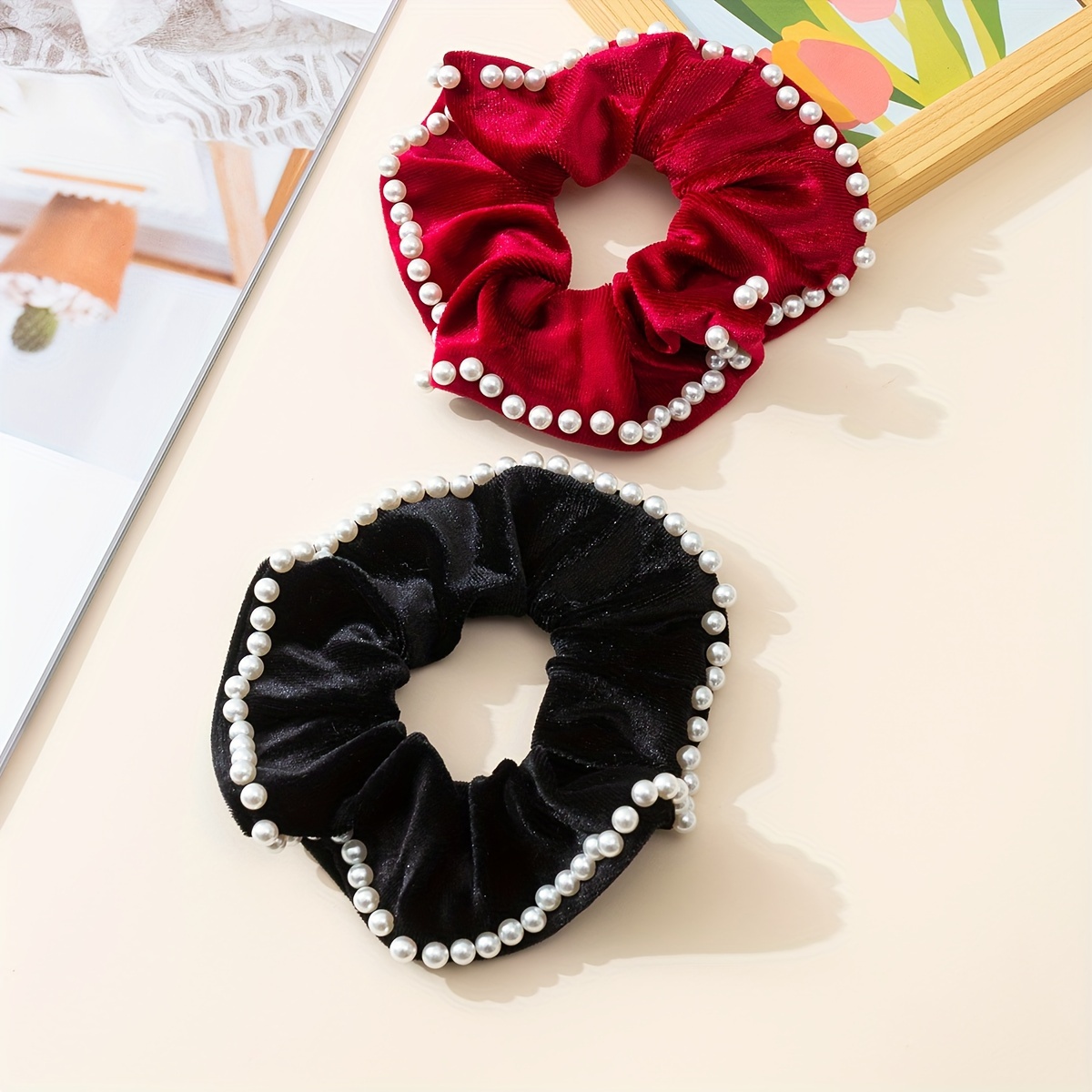 Mujer Elegante Borde Perla Pelo Scrunchie Mujeres Banda De Goma