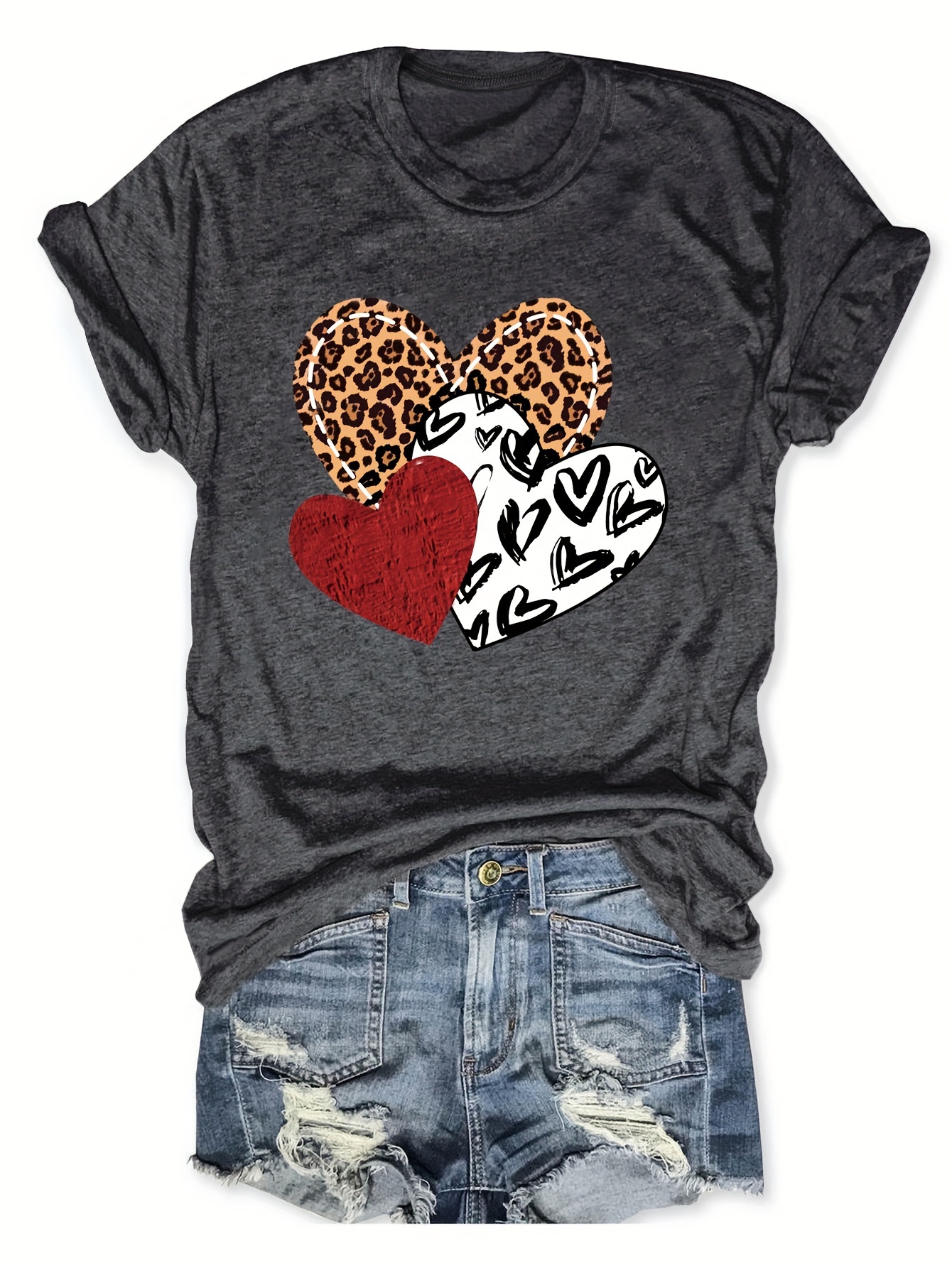 Leopard Heart Print T shirt Vintage Crew Neck Short Sleeve - Temu