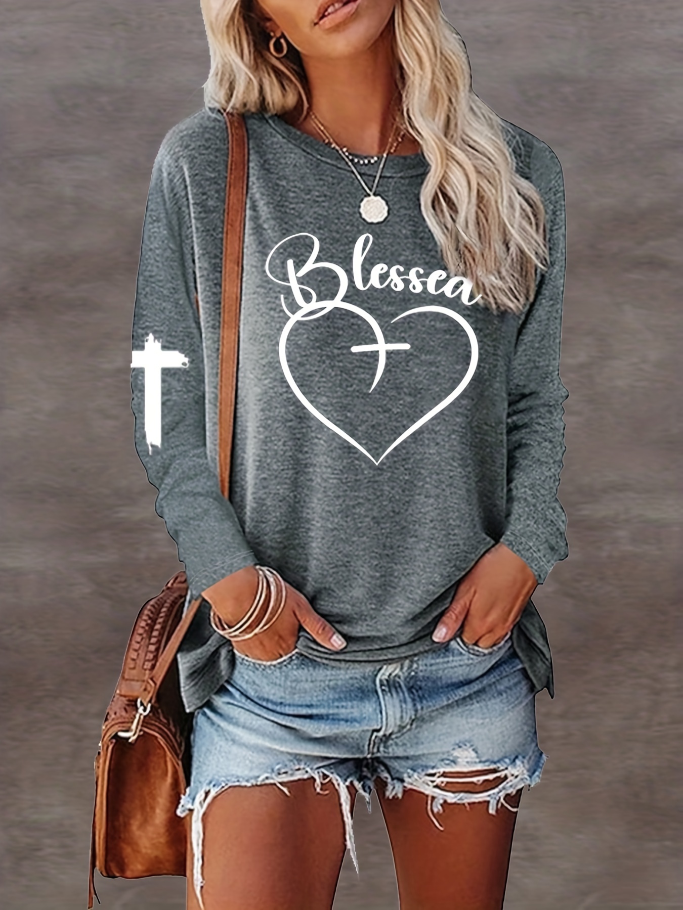 heart letter print crew neck t shirt casual long sleeve top for spring fall womens clothing grey 0