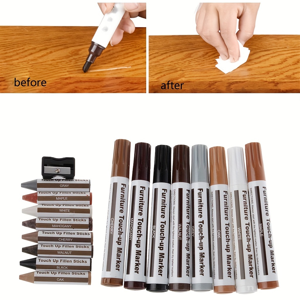 7Pc Wood Furniture Touch Up Kit Marker Pen Wax Scratch Filler Remover Repair  Fix