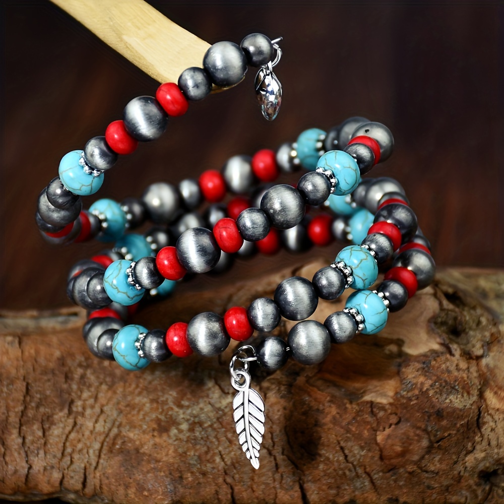 Western Style Vintage Navajo Pearl Red Blue Turquoise Beads Triple Layer Bangle Charms Bracelet for Women,Temu