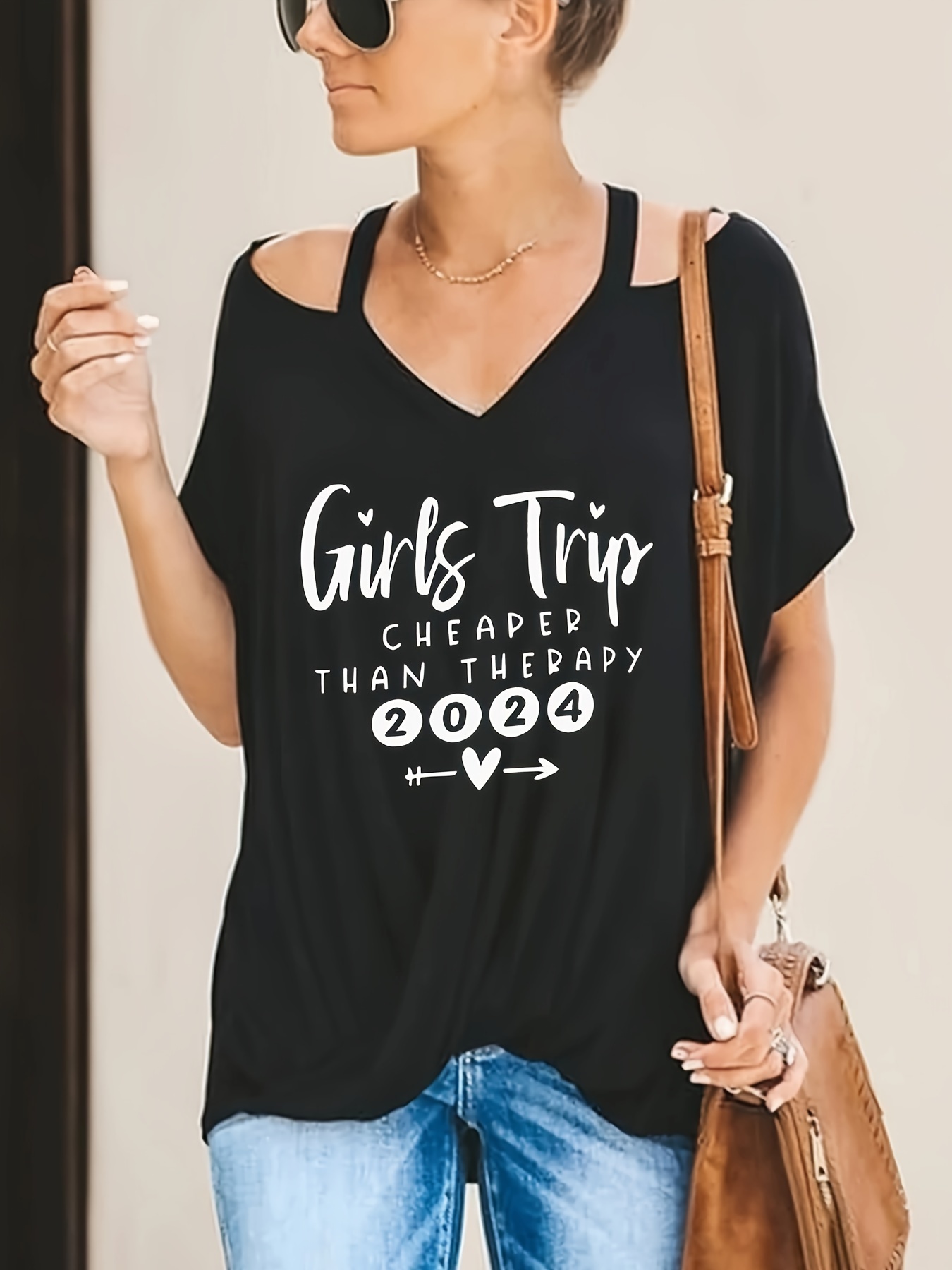 Plus Size Letter Print Top Casual Cut Out V Neck Short - Temu Canada
