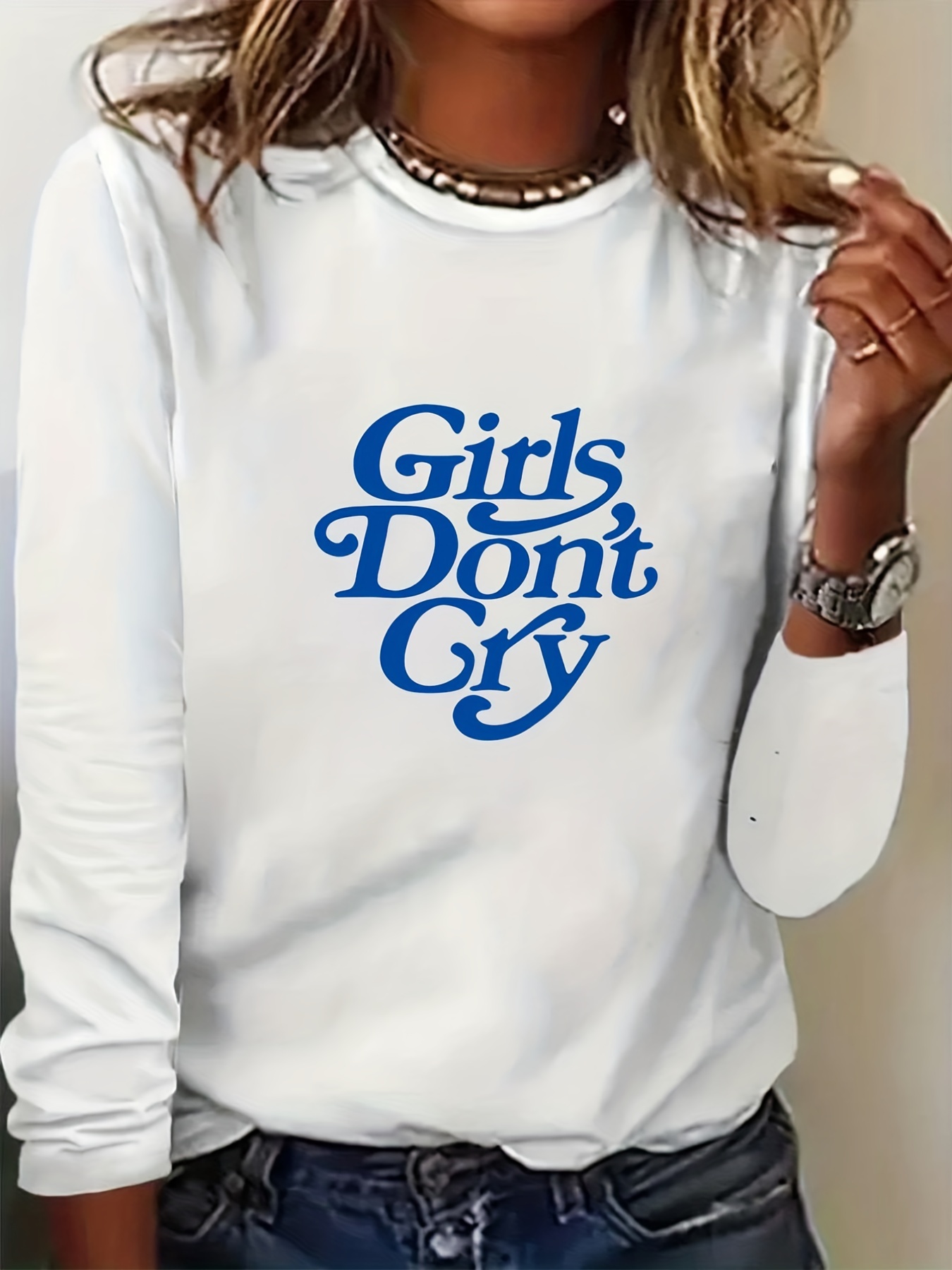 Girls Don't Cry Print Crew Neck T-shirt, Casual Long Sleeve Top