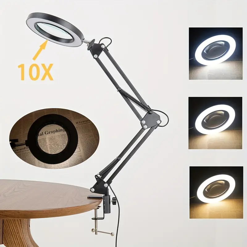 1pc 10X Lighted Magnifying Glass With Light And Stand, 3 Color Modes  Stepless Dimmable, 360° Adjustment, With Fixed Fixtures