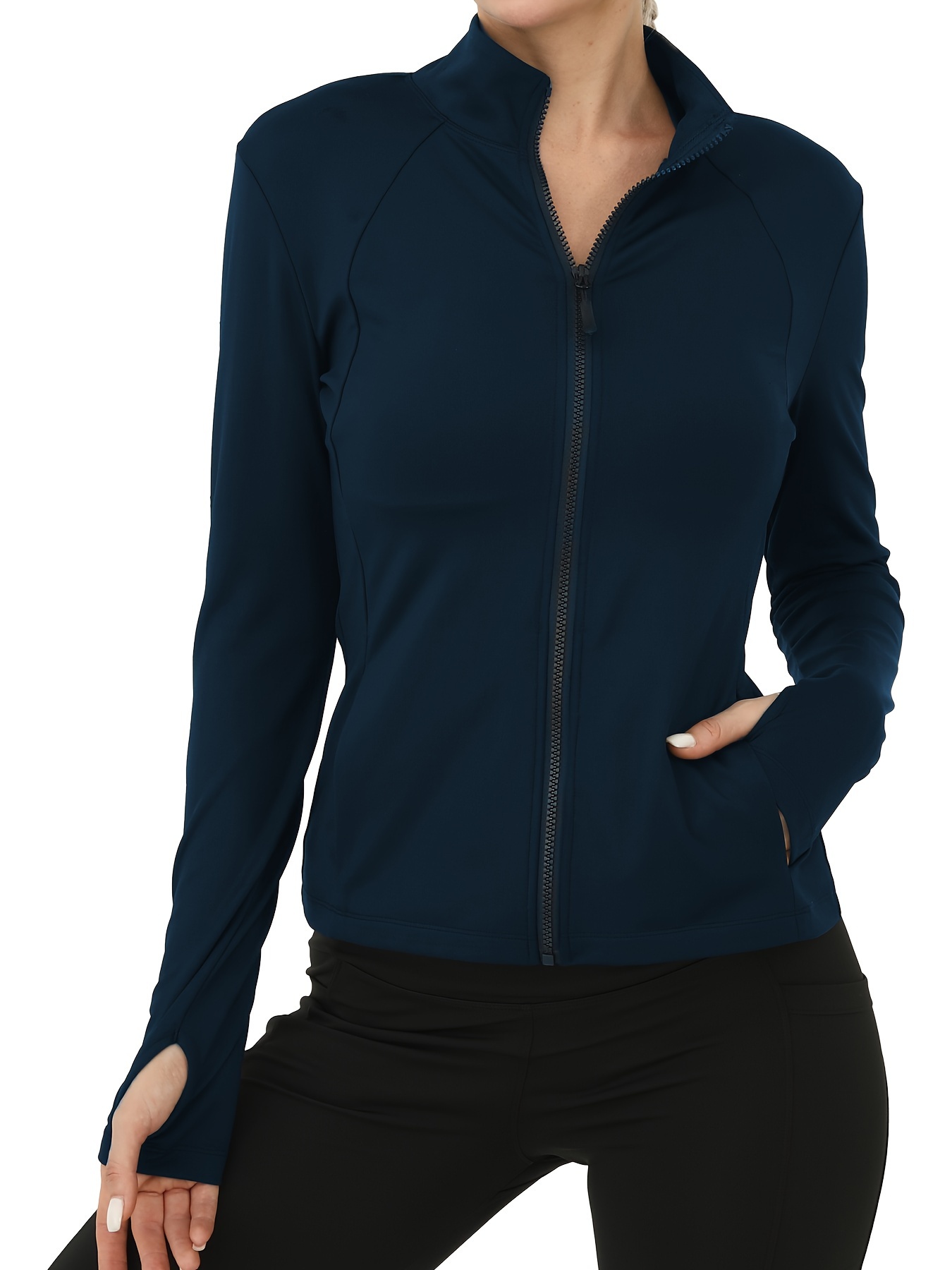 Women's Black Zip Up Fitted Workout Jacket with Thumbholes – PUBLIC MYTH