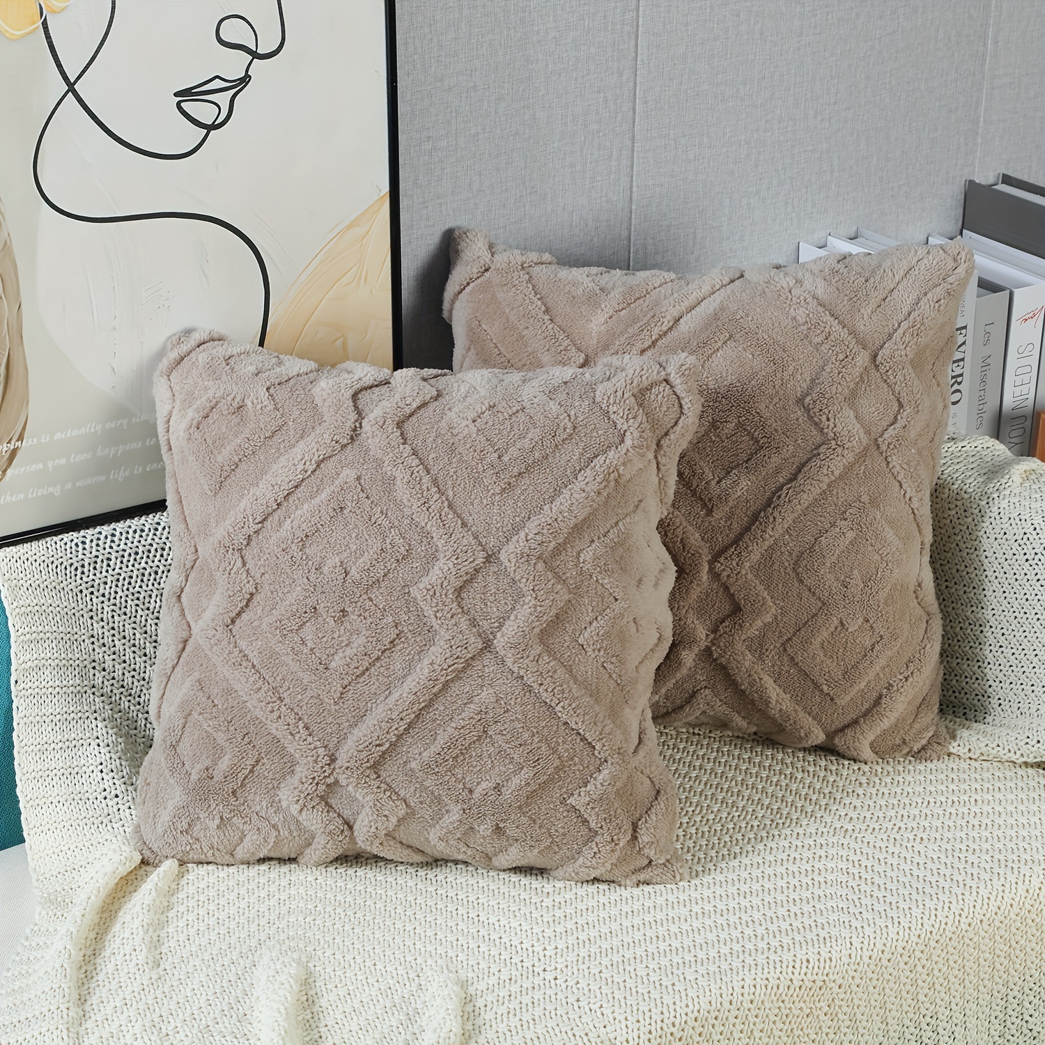Image of 2pcs Mordern Soft Plush Short White Decorative Throw Pillow Covers Cushion Covers Pillowcase For Sofa Bedroom, Multiple Colors , No Pillow Insert