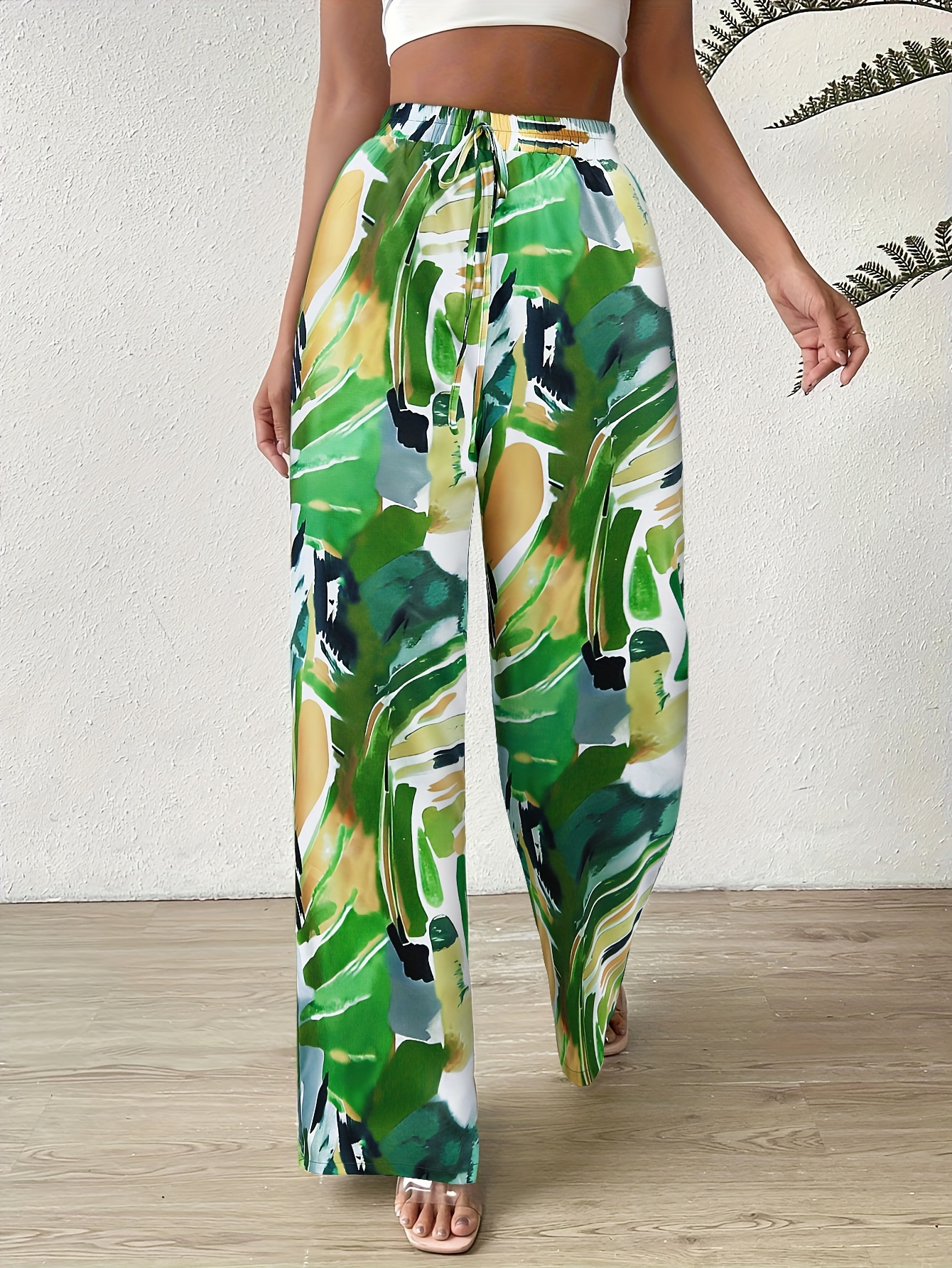 Floral Print Elastic Waist Pants, Casual Wide Leg Pants For Vacation,  Women's Clothing