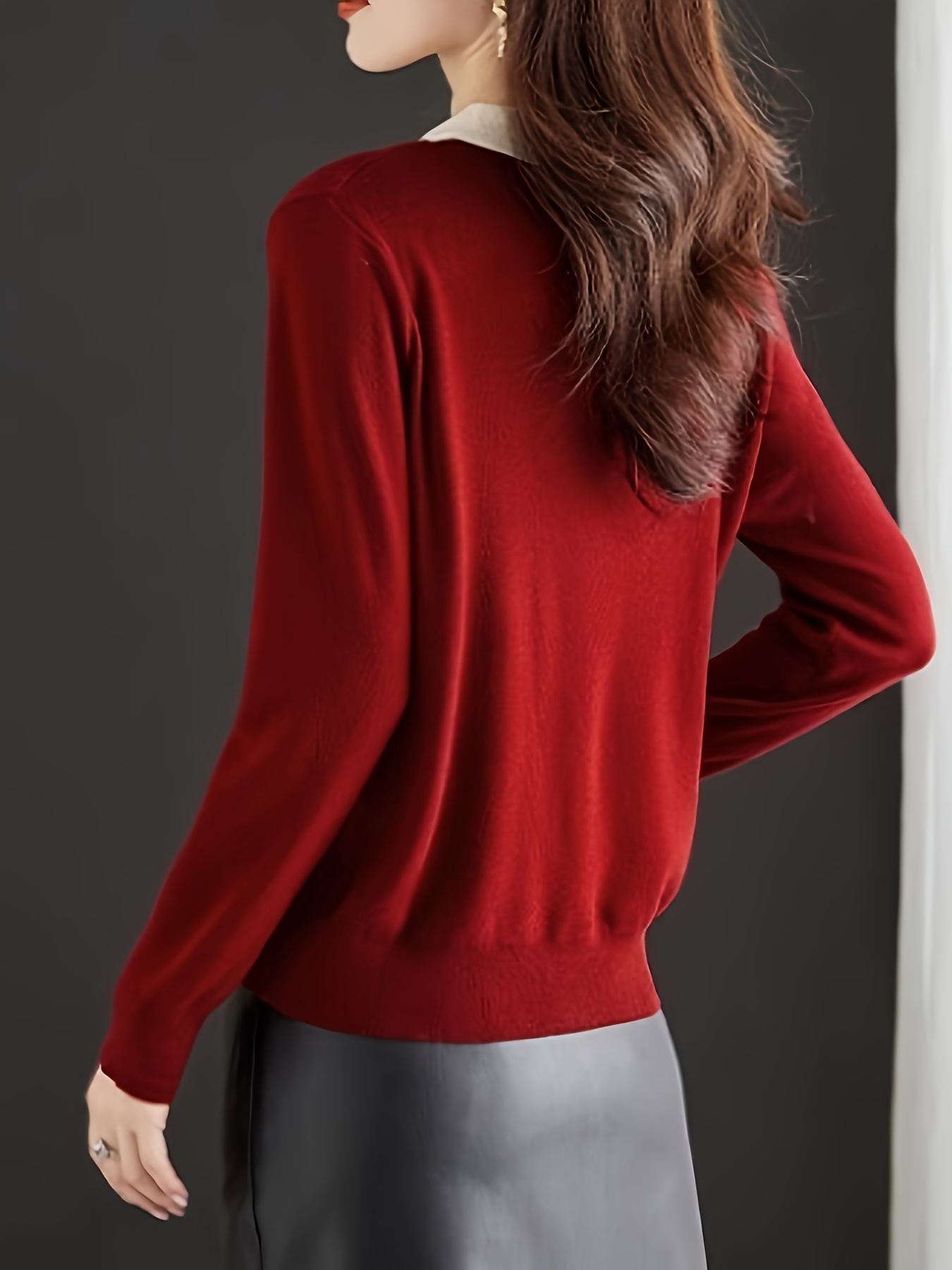 2 In 1 Notched Collar Pullover Sweater, Elegant * Button Long Sleeve Thin  Sweater, Women's Clothing