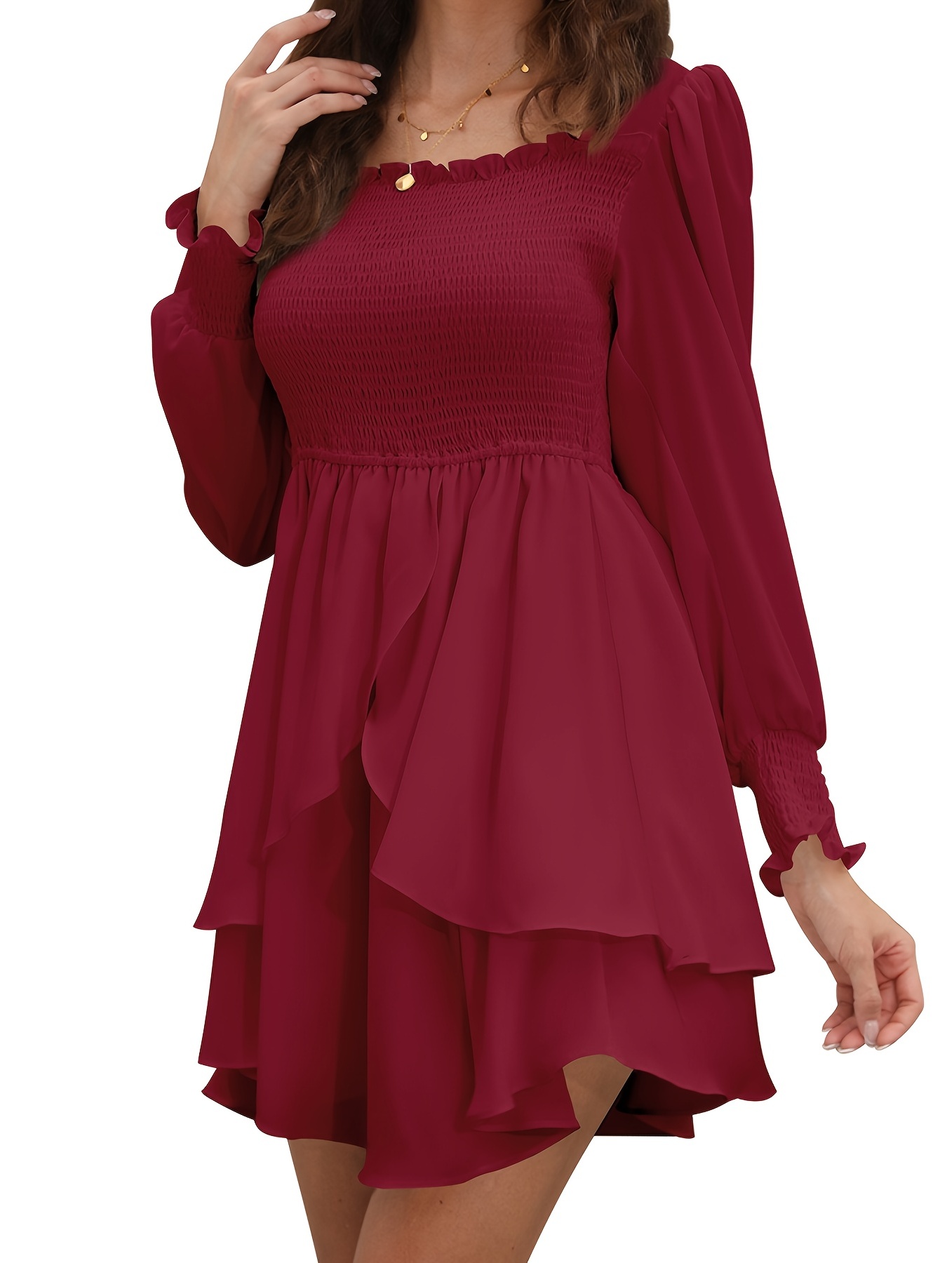 Shirred Puff Sleeve Layered Dress Elegant Squared Neck High - Temu