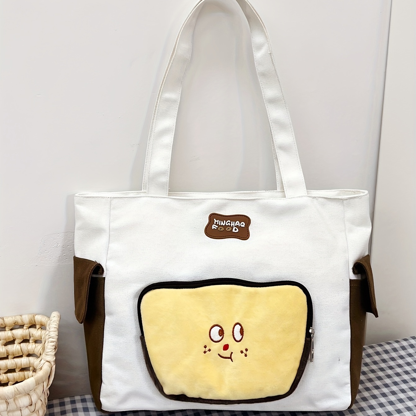 Cartoon Bear & Plaid Print Shoulder Bag, Canvas Handbag For School, Women's  Versatile Shopper Bag - Temu