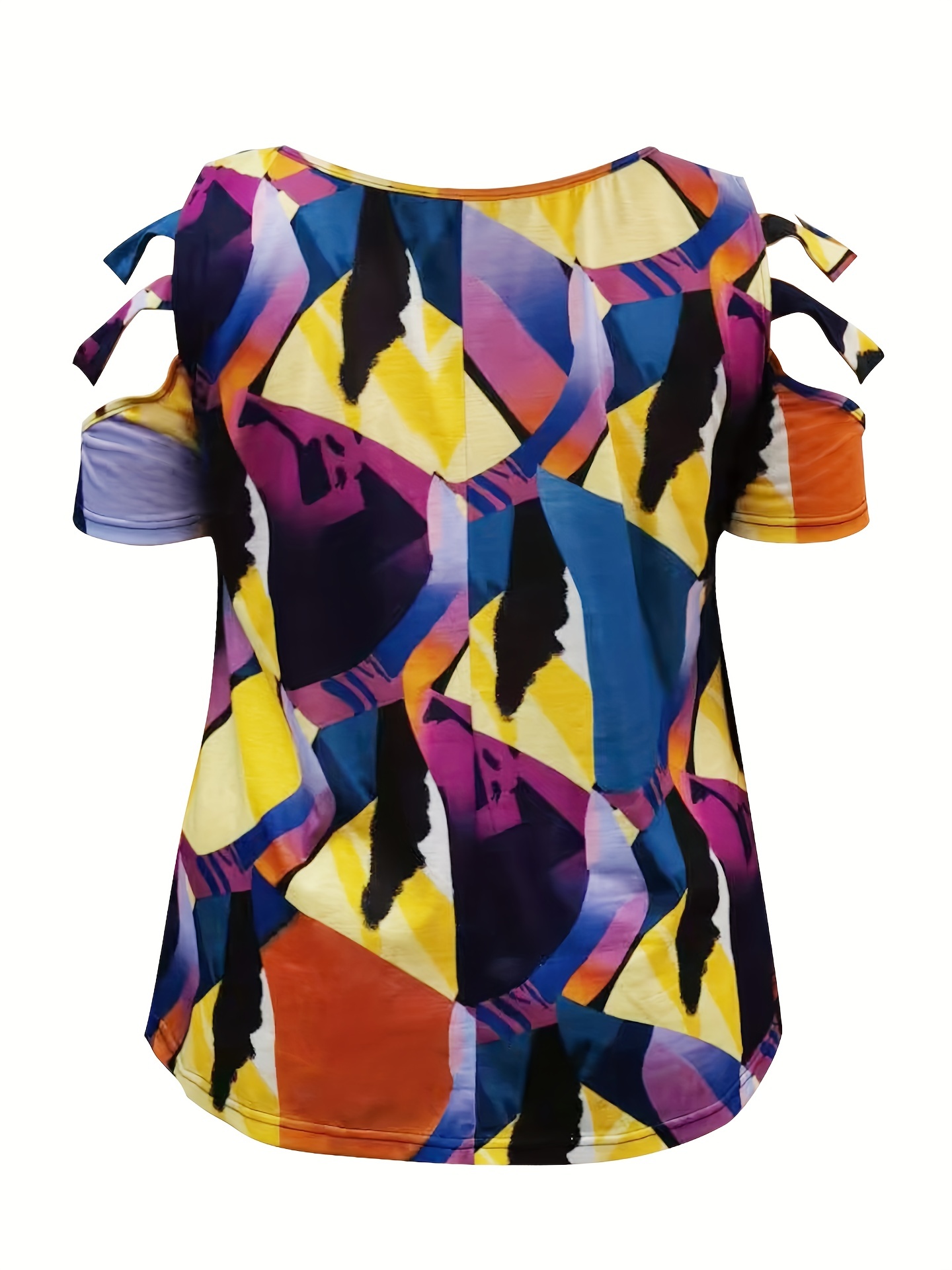 Plus Size Casual T-shirt, Women's Plus Geometric Print Cut Out Sleeve  Zipper T-shirt