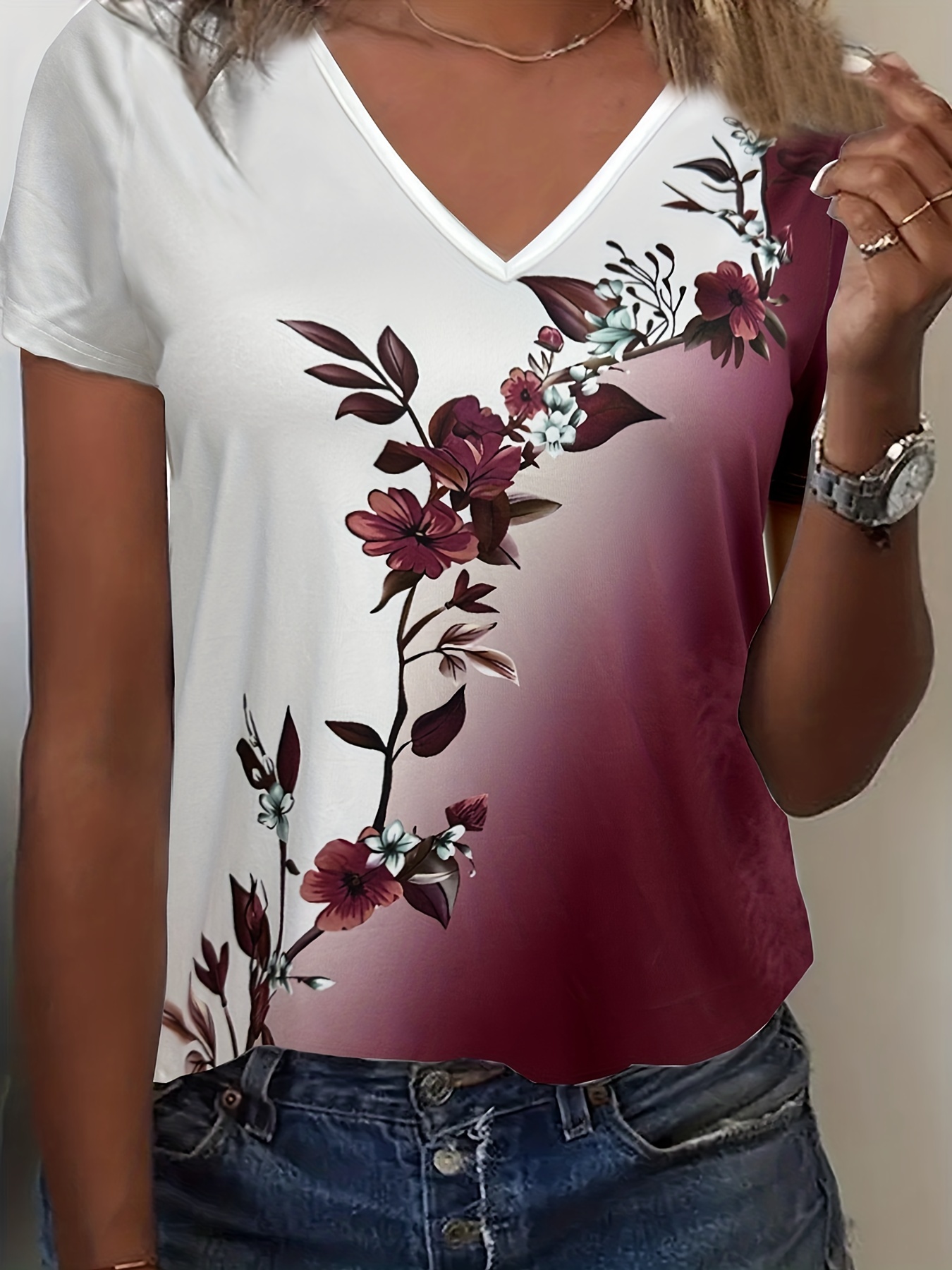 Plus Size Casual T Shirt Womens Plus Colorblock Floral Temu Norway