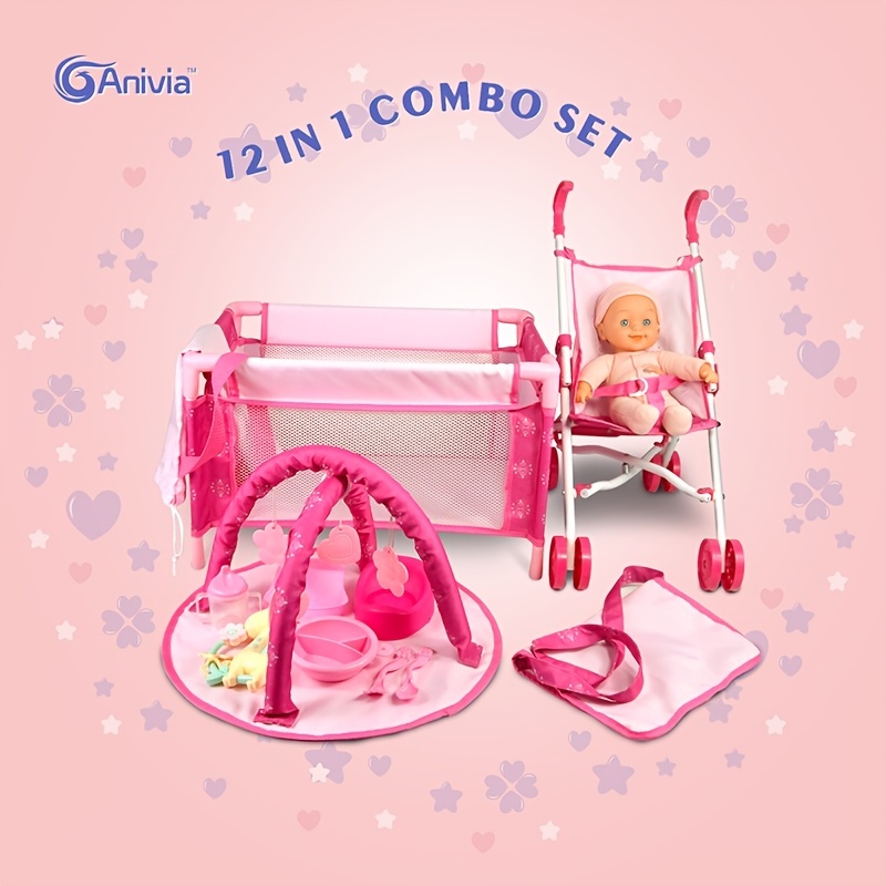Juego de muñecas de bebé con suave bebé de 12 pulgadas y andador plegable  de muñeca pequeña, juego de accesorios suaves para muñecas de bebé,  juguetes