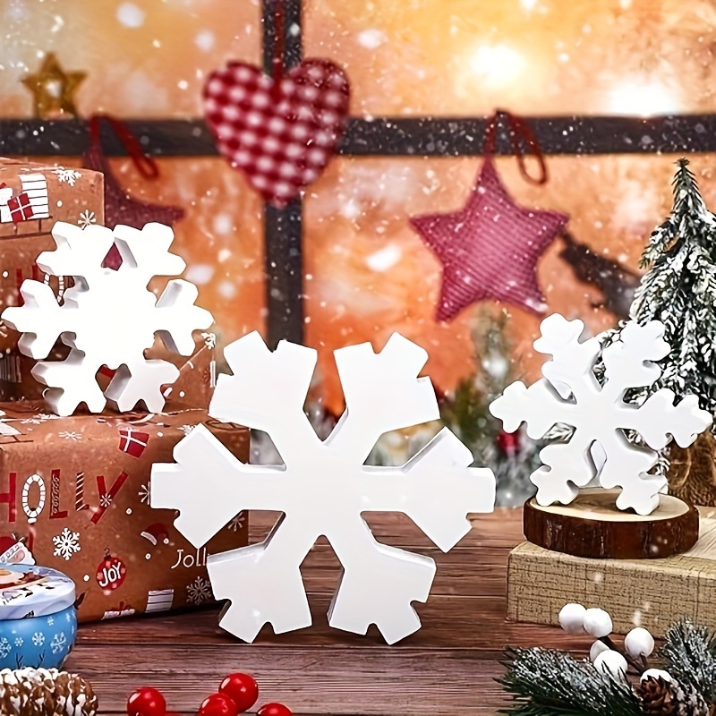 3pcs Winter Wooden Snowflake Decor ,Winter Snowflake Table Signs  ,Wonderland Snowflake Wood Blocks Farmhouse Christmas Tiered Tray  Decorations, For Xm