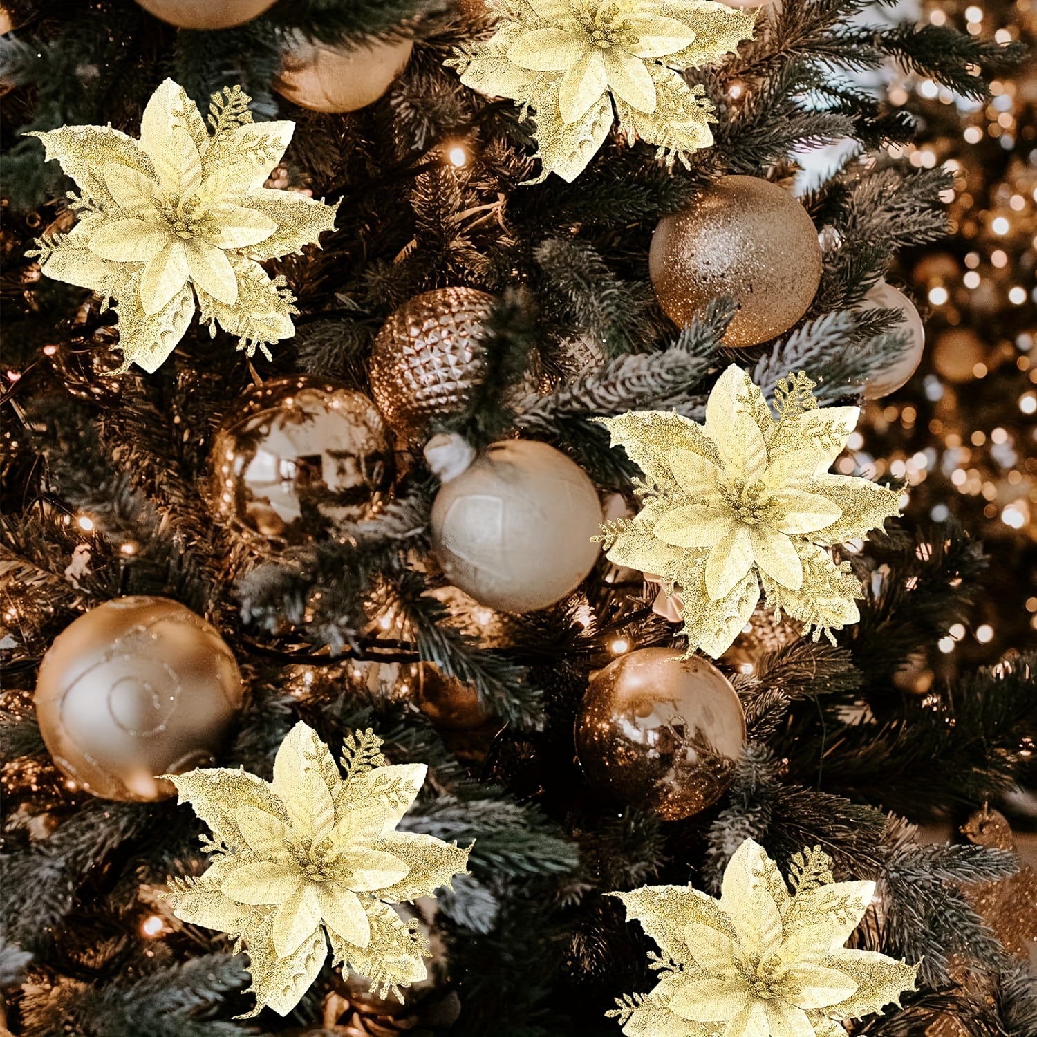 Gold and Bronze with White poinsettia Garland Christmas Tree