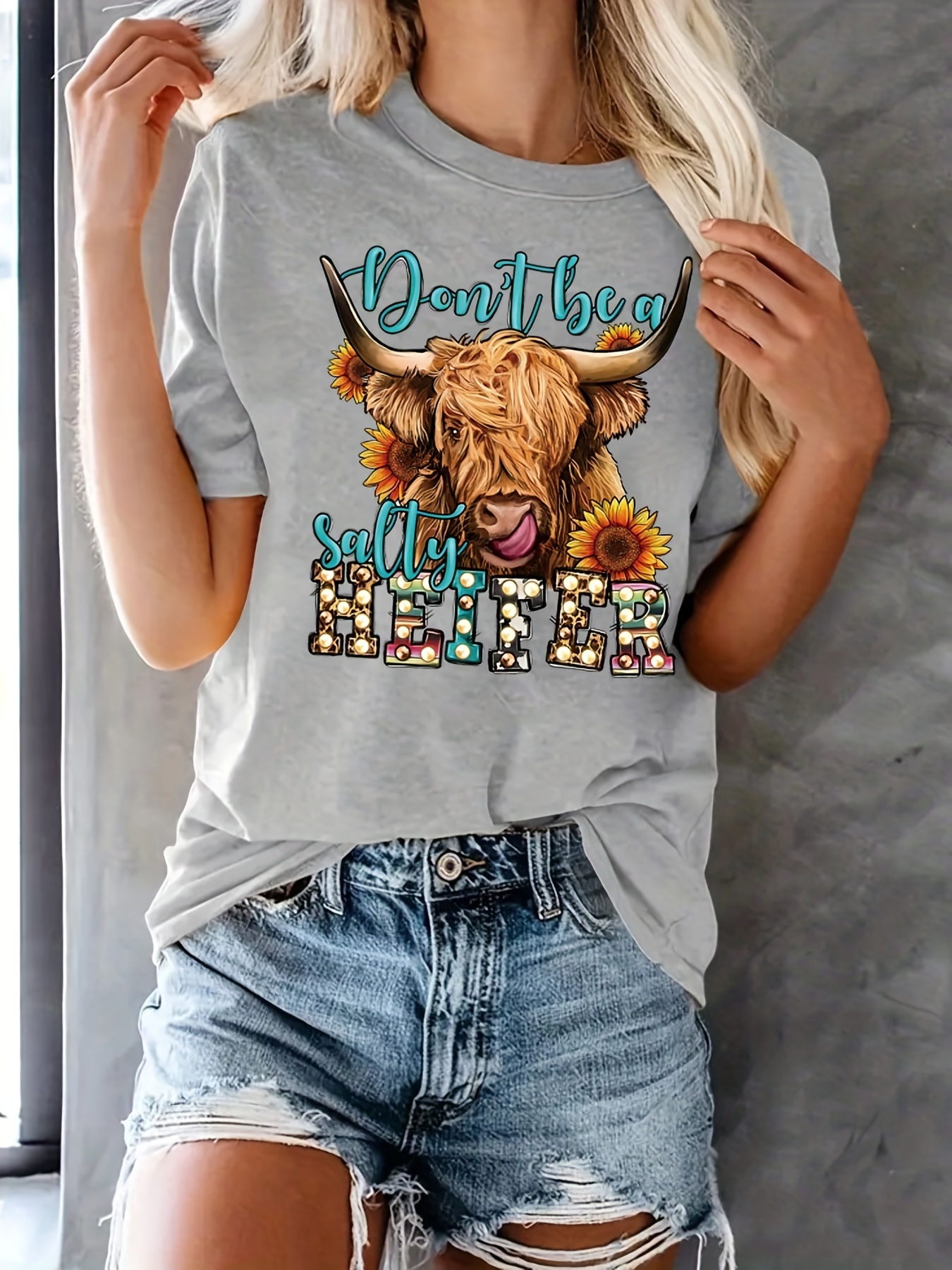 Camiseta Estampado Cabeza Vaca Camiseta Manga Corta Cuello - Temu