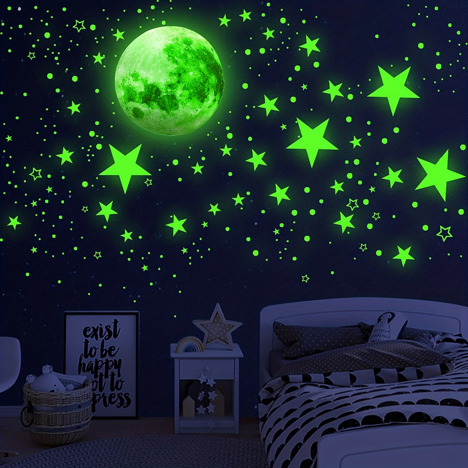 Pegatinas fluorescentes de lunares que brillan en la oscuridad para  habitación de niños, Luna, unicornio, estrella