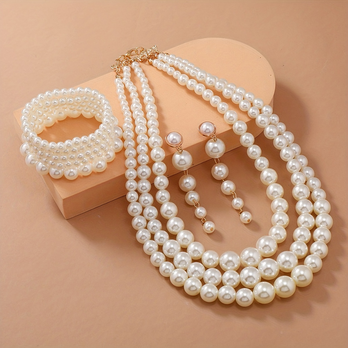 

Vintage Baroque Style Faux Pearls Long Multilayer Necklace & Earrings Multilayer Bracelets Set For Women