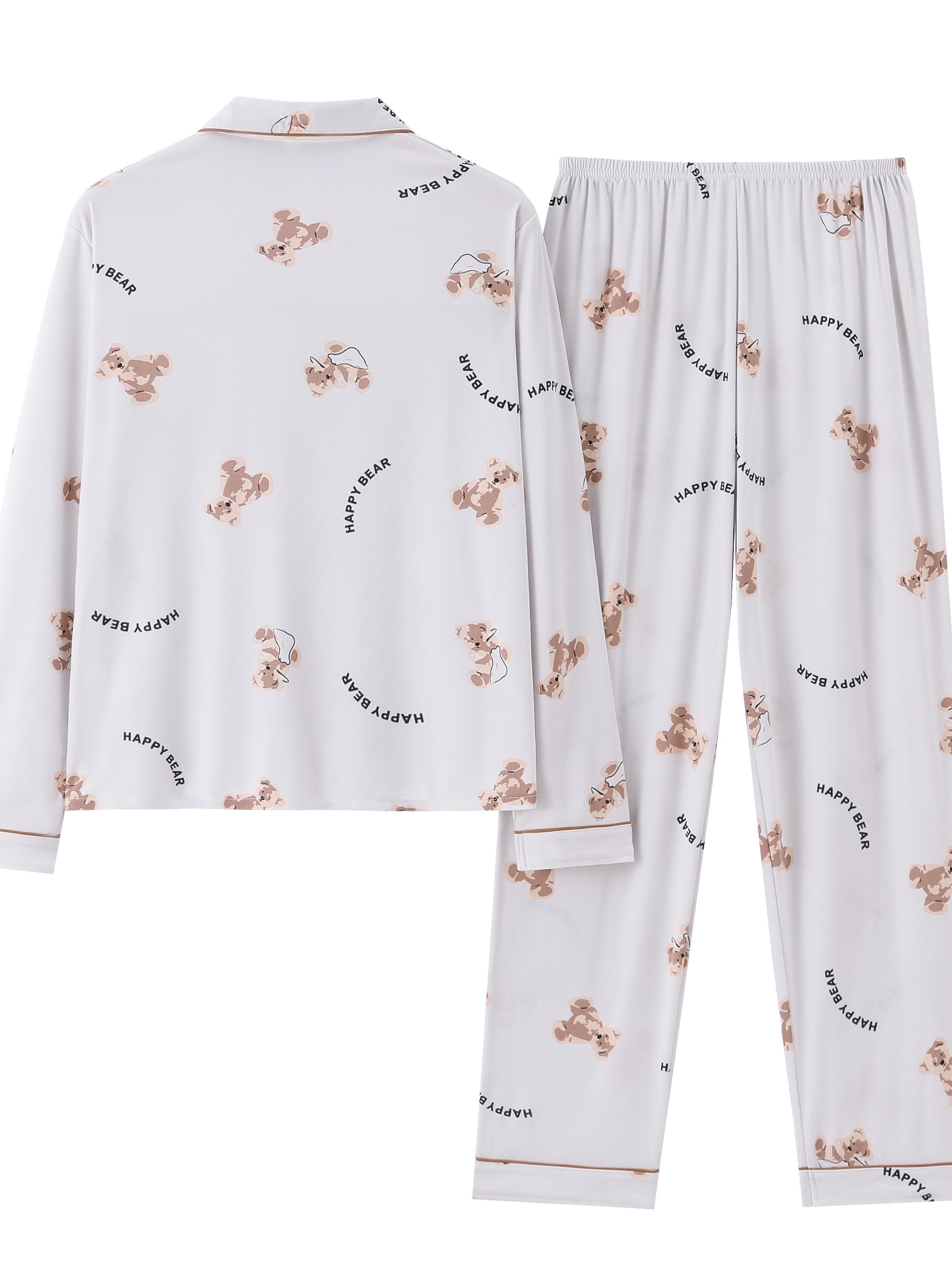 Ensemble de pyjama à imprimé ours style dessin animé, ensemble mignon avec  blouse à manches longues et revers et pantalon à taille élastique,  vêtements d'intérieur et vêtements de nuit pour femmes 