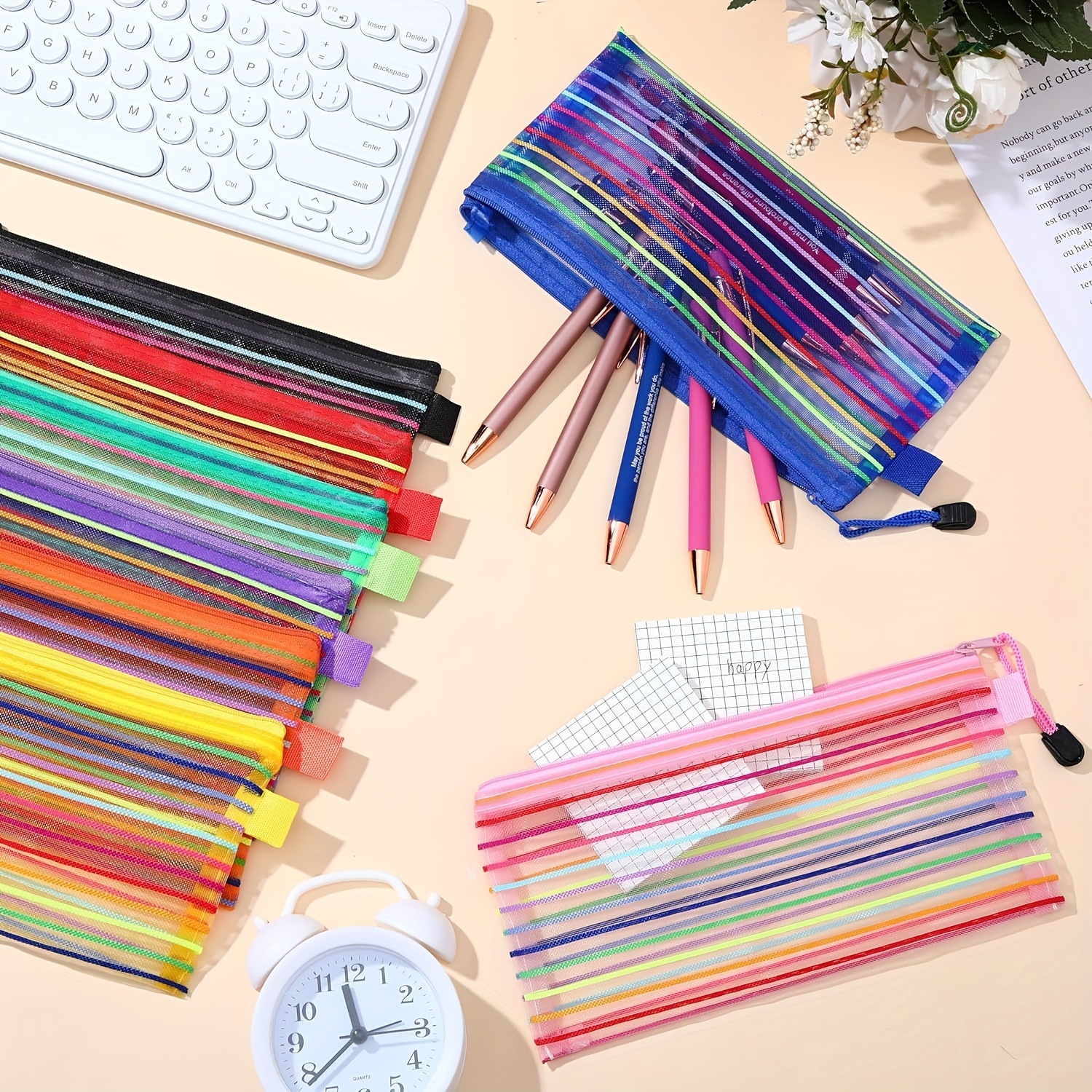 6pcs Colors Zipper Mesh Pouch Pencil Pouch Storage Pouches Multipurpose  Travel Bags For Office Pen Cosmetic Makeup Classroom Supplies Daily Storage  B6