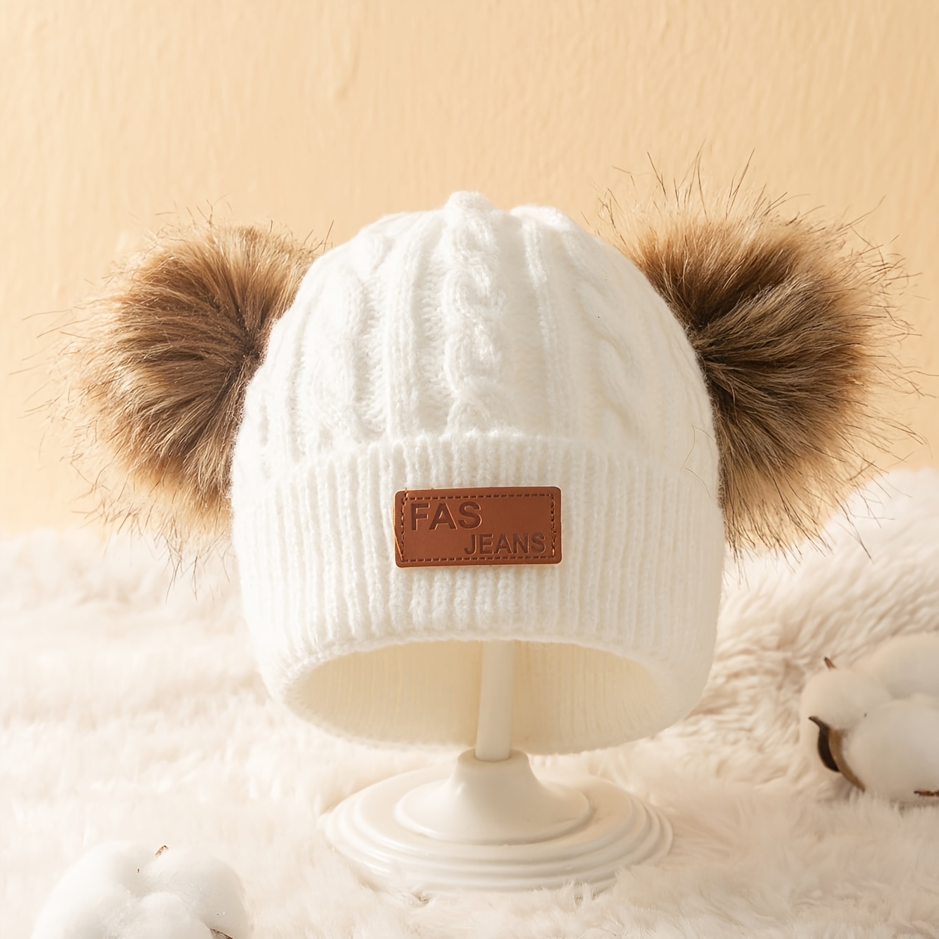 1pc White Knitted Beanie Hat With Pom-pom Ball For Kids, Winter