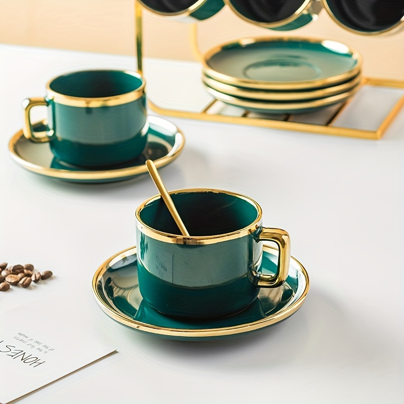 Luxury Gold Inlay Ceramic Coffee Cup and Saucer Coffee Cup Set Holder Green  Color Milk Tea Cup Latte Cappuccino Cup Drinkware