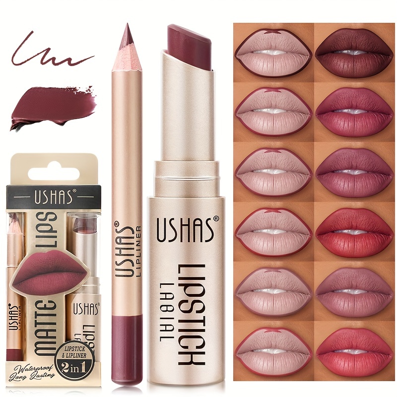 

Matte Lipstick + Lip Liner Pen Set, Velvet Nude Color Lipstick, Long Wearing, Hydrating, Waterproof Lip Makeup Set Valentine's Day Gifts